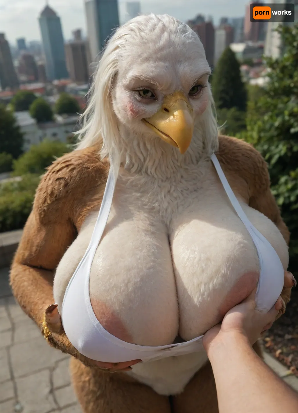 masterpiece, best quality, absurdres, highres, high quality, highly detailed, ((eagle woman, furry female anthro)), bald eagle, avian, furry female eagle, detailed feathers, fluffy feathers, brown feathers, yellow eyes, yellow beak, winged arms, arm feathers, crotch tuft, white tail, bird tail, thick eyebrows, no humans, heavy breathing, blush, (gigantic breasts:1.16), curvy, tail, white sports bra, cleavage, areola slip. dutch angle, dynamic angle, breast focus, female focus, upper body, from above, standing, top pull, grabbing another's breast, squeezing, 1boy, human, light skin, arm hair, detailed background, outdoors, depth of field, park, city, sunlight, cloud, (((furry art, furry woman)))