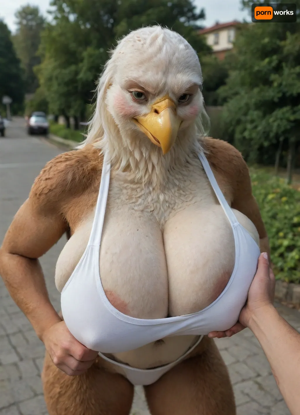 masterpiece, best quality, absurdres, highres, high quality, highly detailed, ((eagle woman, furry female anthro)), bald eagle, avian, furry female eagle, detailed feathers, fluffy feathers, brown feathers, yellow eyes, yellow beak, winged arms, arm feathers, crotch tuft, white tail, bird tail, thick eyebrows, no humans, heavy breathing, blush, gigantic breasts, curvy, tail, white sports bra, cleavage, areola slip. dutch angle, dynamic angle, breast focus, female focus, upper body, from above, standing, top pull, grabbing another's breast, squeezing, 1boy, human, light skin, arm hair, detailed background, outdoors, depth of field, park, city, sunlight, cloud, (((furry art, furry woman)))