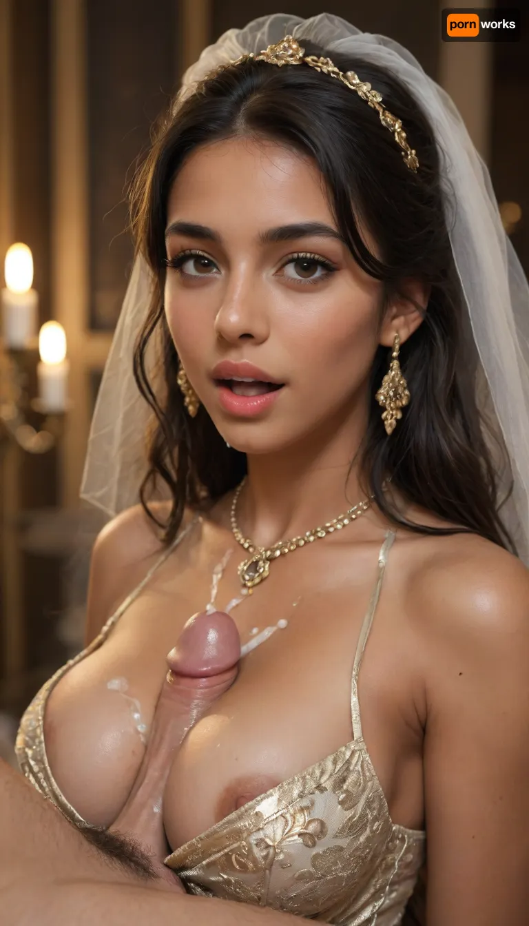 Indian bride seductress, side view, (close up), (((sexy, sensual, elegant gold head dress and jewellery))), seductress, (30 yo cum covered beautiful dark haired indian woman), (wearing black and gold traditional indian wedding satin dress), (She is giving a titjob), slim body, dark eyes, very long hair, looking at the viewer, dark lighting, candle light, eye contact, she is going to fuck you next, 34c breasts, (covered natural breasts:1), cum on tits and face, lots of cum, (horny look, excited, orgasm, moaning:1.2), (ejaculation), titjob, blowjobtitjob, <lora:add-detail-xl:1>, <lora:283625_training_data:2>
