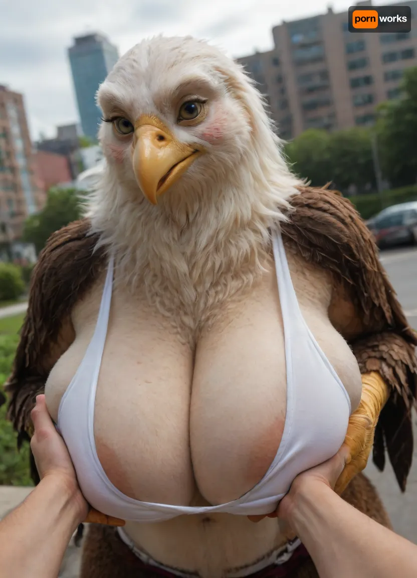 masterpiece, best quality, absurdres, highres, high quality, highly detailed, ((eagle woman, furry female anthro)), bald eagle, avian, furry female eagle, detailed feathers, fluffy feathers, brown feathers, yellow eyes, yellow beak, winged arms, arm feathers, crotch tuft, white tail, bird tail, thick eyebrows, no humans, heavy breathing, blush, gigantic breasts, curvy, tail, white sports bra, cleavage, areola slip. dutch angle, dynamic angle, breast focus, female focus, upper body, from above, standing, top pull, grabbing another's breast, squeezing, 1boy, human, light skin, arm hair, detailed background, outdoors, depth of field, park, city, sunlight, cloud, (((furry art, furry woman)))