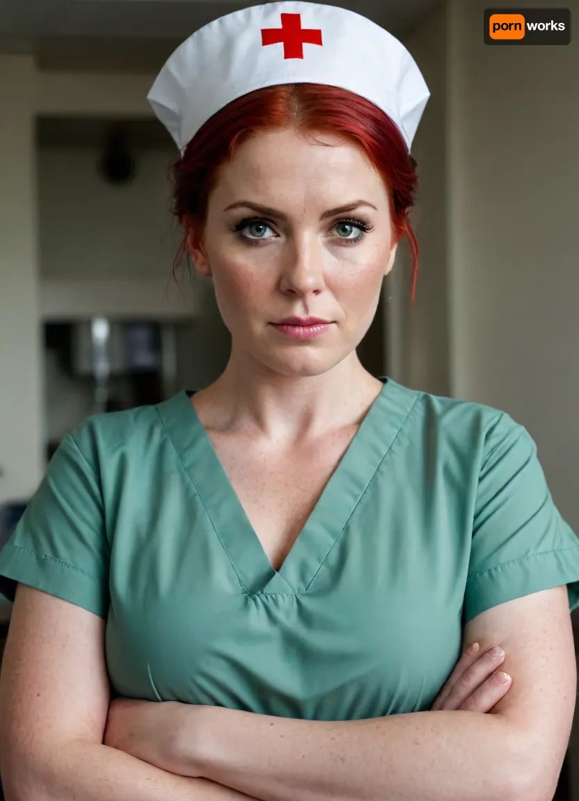 A nurse very strong big milf, short bright red hair, (very wet hair), chubby very powerful body, very big strong shoulders, Very strong wide forearms.A very strong very powerful broad-shouldered woman.
A closed green surgical uniform of a nurse with half-covered shoulders, a gray dirty bra is visible.
Very freckled.She very evil, looks at me very angrily, with a hateful look from under his brows and frowns.
super realistic