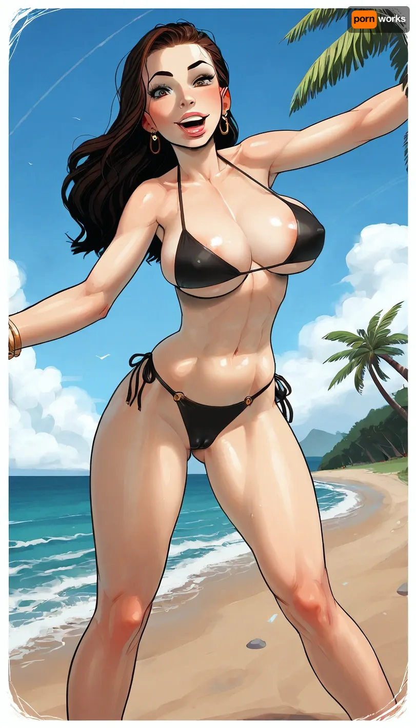 a beautiful caucasian woman on a beach near the shore with massive tits and ass, sexy, happy, laughing, smiling, a beautiful beach with lush palm trees, sand, waves, 3/4 body view, ample breasts and ass, wearing a very small tight one piece string bikini, a beautiful voluptious figure, giant heavy hanging tits, beautiful large buttocks, long brunette hair, big detailed eyes, big thick lips, a beautiful fit body, abs, muscle definition, sweat glistened, sweaty, sunkissed skin, perfect teeth, sexual posing, posing sexually, suggestive angles, super close up shot of her lower face and sexy body, action shots, incase, big breasts, huge hips, thick thighs, cameltoe, pokies, big black pupils, skin detail, curvy babe, venus dimples, tiling, large, breasts, big, boobs, huge, tits, CuteCartoonAF, Cute, Cartoon, sensual, sexual, suggestive., <lora:287175_training_data:.1>, <lora:bombshell_v2:1>, <lora:CuteCartoonRedmond-CuteCartoon-CuteCartoonAF:.1>, <lora:EnvyCelShadedXL01:.8>