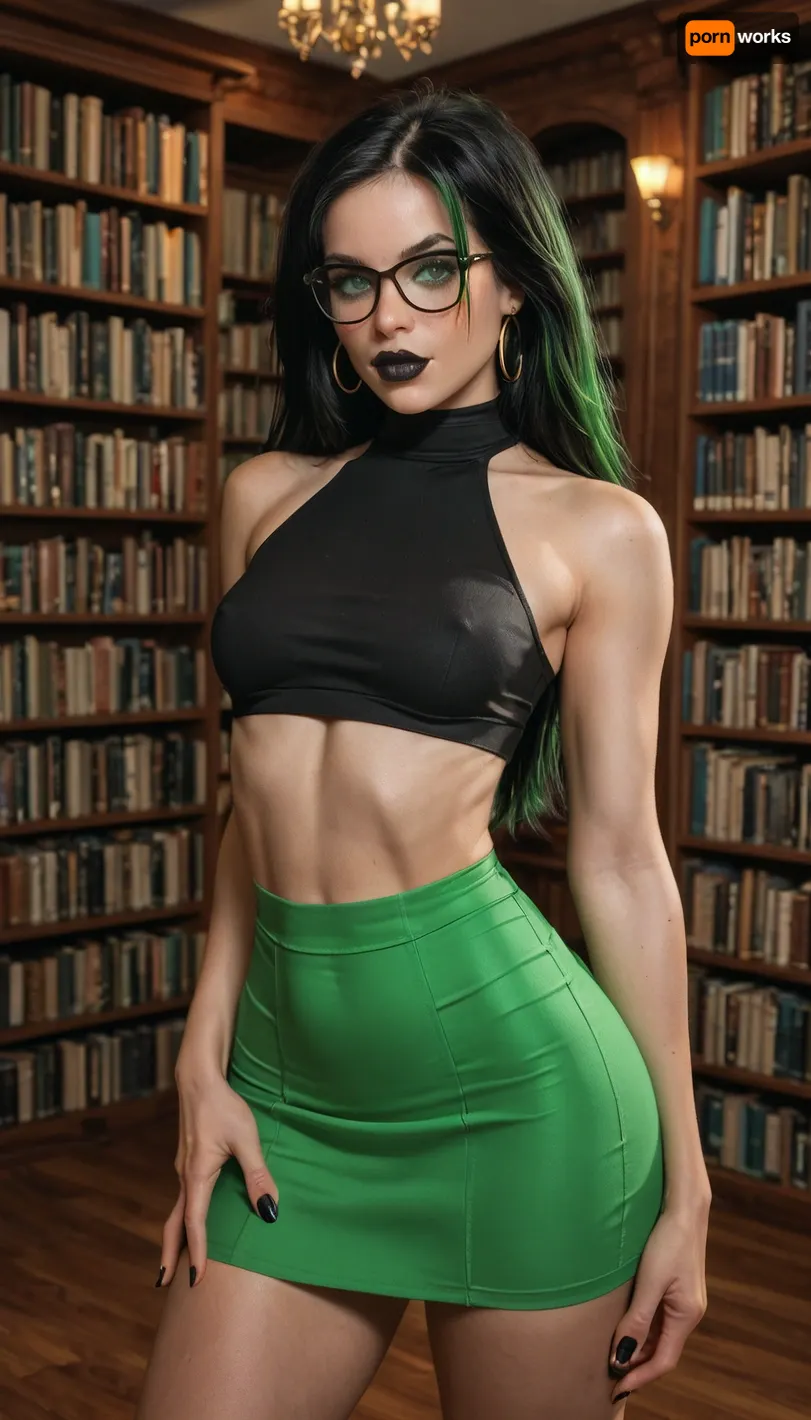 Realistic, Sexy Thick Shego 21 yo., beautiful small breasts, extreme waist, thick hips, extremely wide hips, extremely beautiful, slut, bimbo lips, beautiful face, cute glasses, deep cleavage, green eyes, medium black hair, black lipstick, bdsm slut, extremely bulge ass, bubble butt, seductive pose, standing, (Librarian:1.8), sexy black crop-top, green skirt, no_bra, University, Library, 41sl3, <lora:University_Library_41sl3:.8>