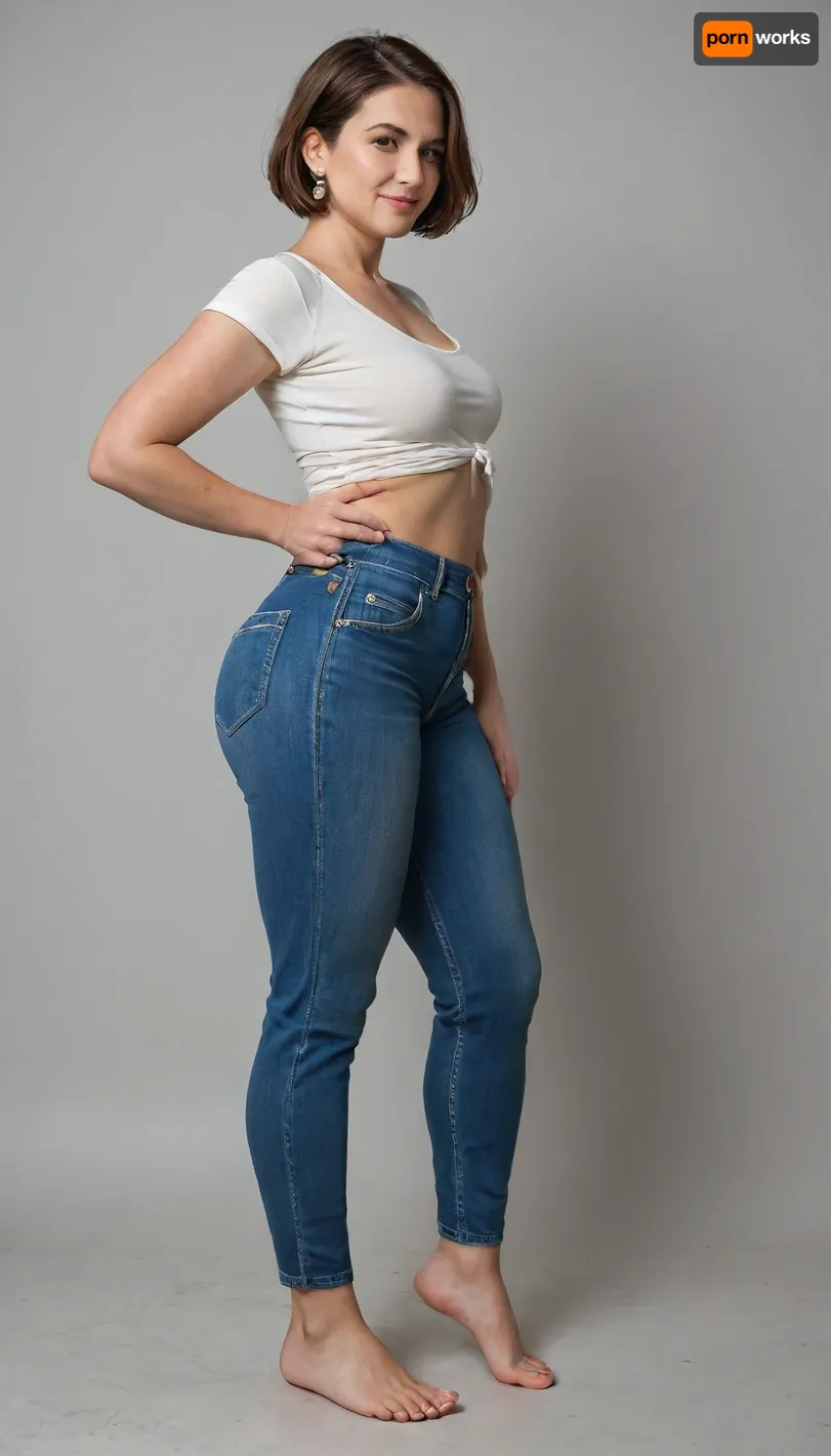 full body view of a curvy 35 year old mom, bottom heavy, wide hips, big ass, thick meaty thighs, small saggy breasts, wearing tight jeans, loose cutoff blouse, braless, pretty face, full lips, short bob cut, side view, slutty smile