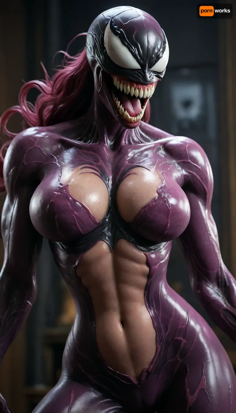 Hyperrealistic art, venom is a purple character with a large sexy grin, venom symbiote, 8 k cg render, venom, carnage, symbiote, 8k render, hyperreal highly detailed 8 k, 8 k high detail concept art, huge big breasts, hyper real render, 3 d render character art 8 k, 8k octane render, 8 k octane render, high detail 8 k render . Extremely high-resolution details, photographic, realism pushed to extreme, fine texture, incredibly lifelike, holding her large breasts, <lora:She-Venom-FFusion.LORA:1>