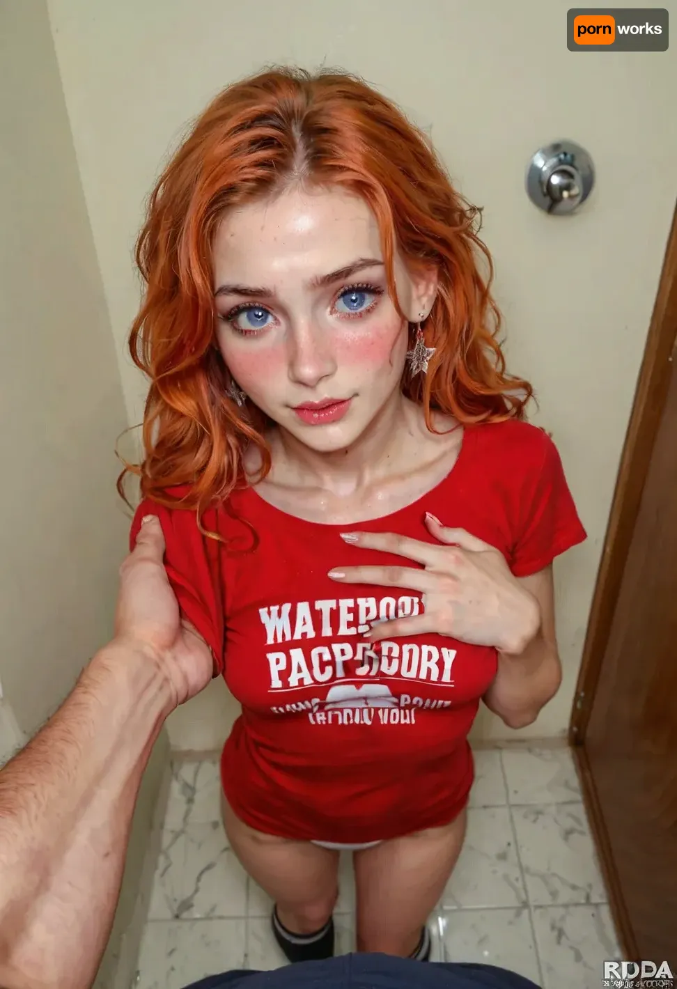 (pov, man's hands roughly grab her breasts), 1 woman, 165cm, slender, petite, small breasts, detailed face, hdr, detailed, (embarrassed:1.5), red t-shirt without text, white panties, knee-high grey woolen socks, super-high detail, russian, ginger, (straight hair:1.4), high detailed face, standing in the bathroom, (high detail), full body view, top view, implied, sunny day, volumetric light, extremely beautiful face, seductive look, flirtatious look, award-winning photo, pretty face, expressive eyes, heavy breathing