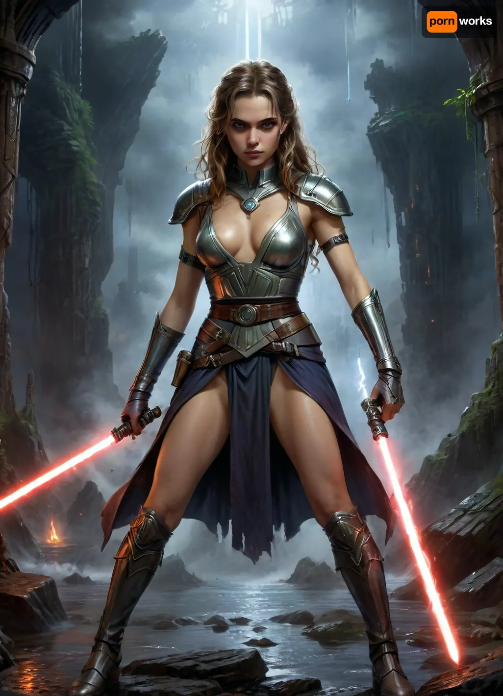 The film poster under scrutiny is a meticulously crafted work that captures the atmospheric essence of a dark fantasy from the 1980s, blending traditional painting techniques with the bold graphic elements of the era. The title, in large, luminescent metallic letters, evokes a neon or fire-inspired effect, perfectly aligning with the fantasy-adventure aesthetic of the time. Below, a tagline adds an ominous tone, such as "Beyond the veil of dreams, nightmares awaken…" or "She crossed into their world—now they won’t let her leave." The rich, dramatic color palette features deep blues, purples, and glowing golds, accentuated by high-contrast lighting for a powerful visual impact.

At the center, a distressed nude female warrior protagonist stands in a dynamic, almost cinematic pose. Her flowing cloak or medieval-inspired garment is adorned with modern 1980s touches like armor shoulder pads and a wide belt. Her voluminous, windblown hair frames her face, conveying expressions of horror and determination. One hand is defensively raised, while the other grips an ancient dagger or glowing artifact, symbolizing her fight against the impending threat.

The antagonist, an otherworldly creature, looms ominously in the background. This entity could be a shadowy, horned demon with luminous eyes and gnarled claws or a skeletal knight in obsidian armor, wielding a sword dripping with an unnatural mist. Its form shifts between reality and illusion, suggesting an existence beyond the ordinary plane. Ethereal, glowing runes circle the monster, symbolizing its connection to dark magic and its role as a conduit for otherworldly forces.

The backdrop seamlessly blends surreal fantasy with nightmarish horror. A stormy sky is illuminated by unnatural lightning, casting dramatic shadows across the jagged silhouette of a dark castle perched precariously on a cliffside. Below, a crumbling stone bridge leads into a swirling vortex, flanked by sinister hooded figures with obscured faces. On the periphery, creeping tendrils of darkness reminiscent of living shadows slither across the landscape, amplifying the sense of impending dread.

highly detailed opened Jedi costume, (beige fishnet stockings:1.2), (cape:1), slender, slim waist, long brunette matted dreadlocks, flat breasted, sweating skin, dirt, perfect tanned skin, lucky charm necklace, (perfect lightsaber:1.5), perfect hands, belt, highly detailed face, desert, floating warm sunlight, Background, (millennium falcon), R2-D2, shipyard, many droids Background, many droids, intricate detail, highly detailed, breathtaking, panoramic, cinematic, (3D, Framed, Woman), Macabre, FRESHIDEAS, Real, Photography, 2#, downblouse, nipslip, <lora:FRESHIDEAS Real Photography 2#:.9>, <lora:xl_more_art-full_v1:.8>, <lora:detailed_notrigger:.9>, <lora:RealDownblouseXL2:.4>