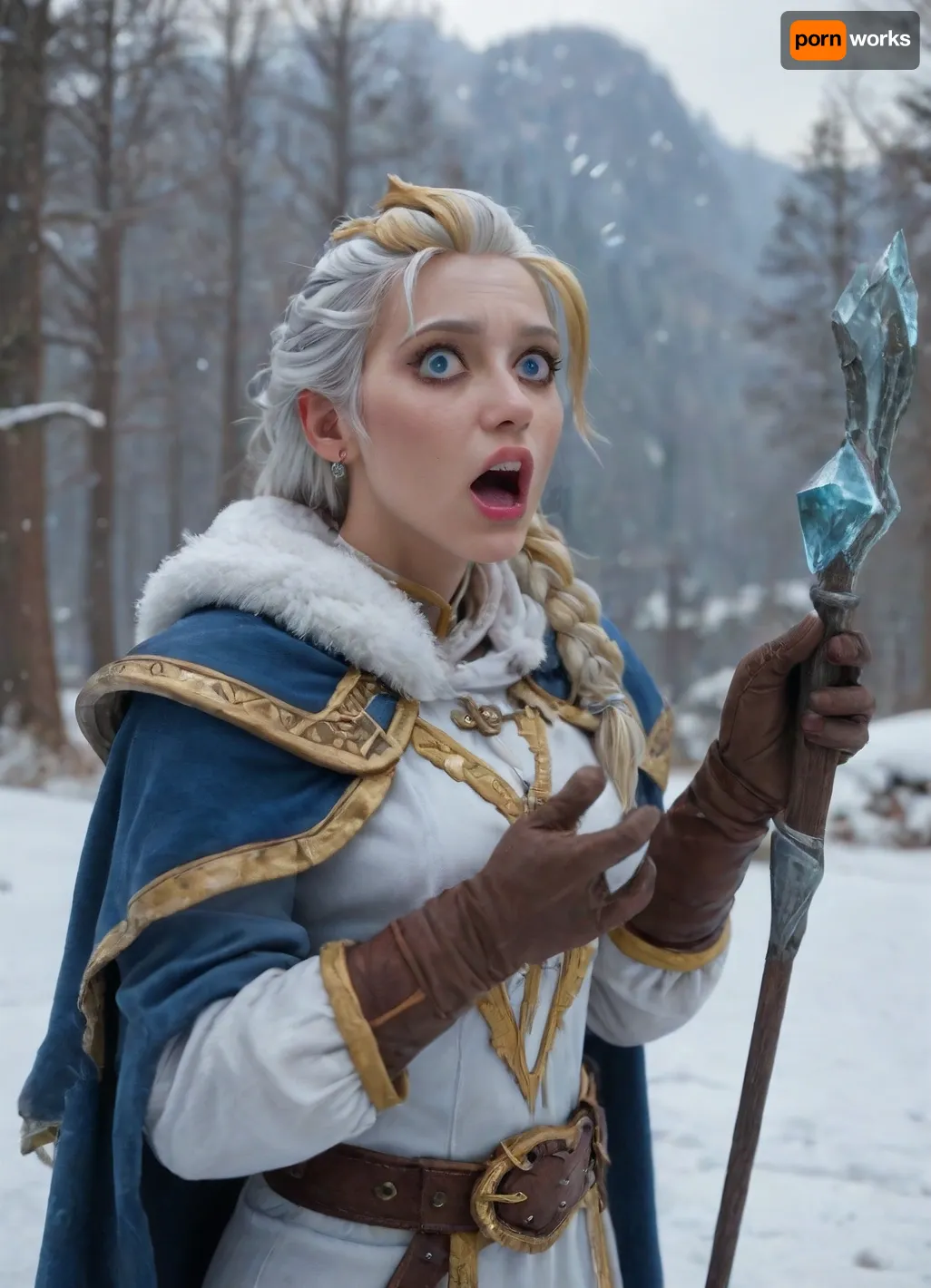 A tall, regal ice-sorceress kneeling, Her flowing robes are shaded in cool cerulean, icy silver, and pure white, embroidered with delicate frost motifs., (Voluminous wool cloak, frost-edged fabric), Her fitted bodice is laced with crystalline filigree, (leather belt), (leather pouches ancient runestones), She wears arcane gloves with sapphire insets, and her hair is styled in a long, elegant braid. Clasped in one hand is a slender staff carved from enchanted whitewood, topped with a swirling, frost-encrusted crystal radiating a soft blue glow, subtly swirling ice particles and casting a faint blue light on her, cool sleek light, (World of warcraft, Jaina proudmoore:1.6), cinewow, masterpiece, awardwinning, 8k, epic, trending on artstation, (frozen wasteland, tundra, frozen tundra, excessive snow accumulation), <lora:cinewow-step00000300:2>, (shocked:1.75), (mouth open:1.31), detailed lips