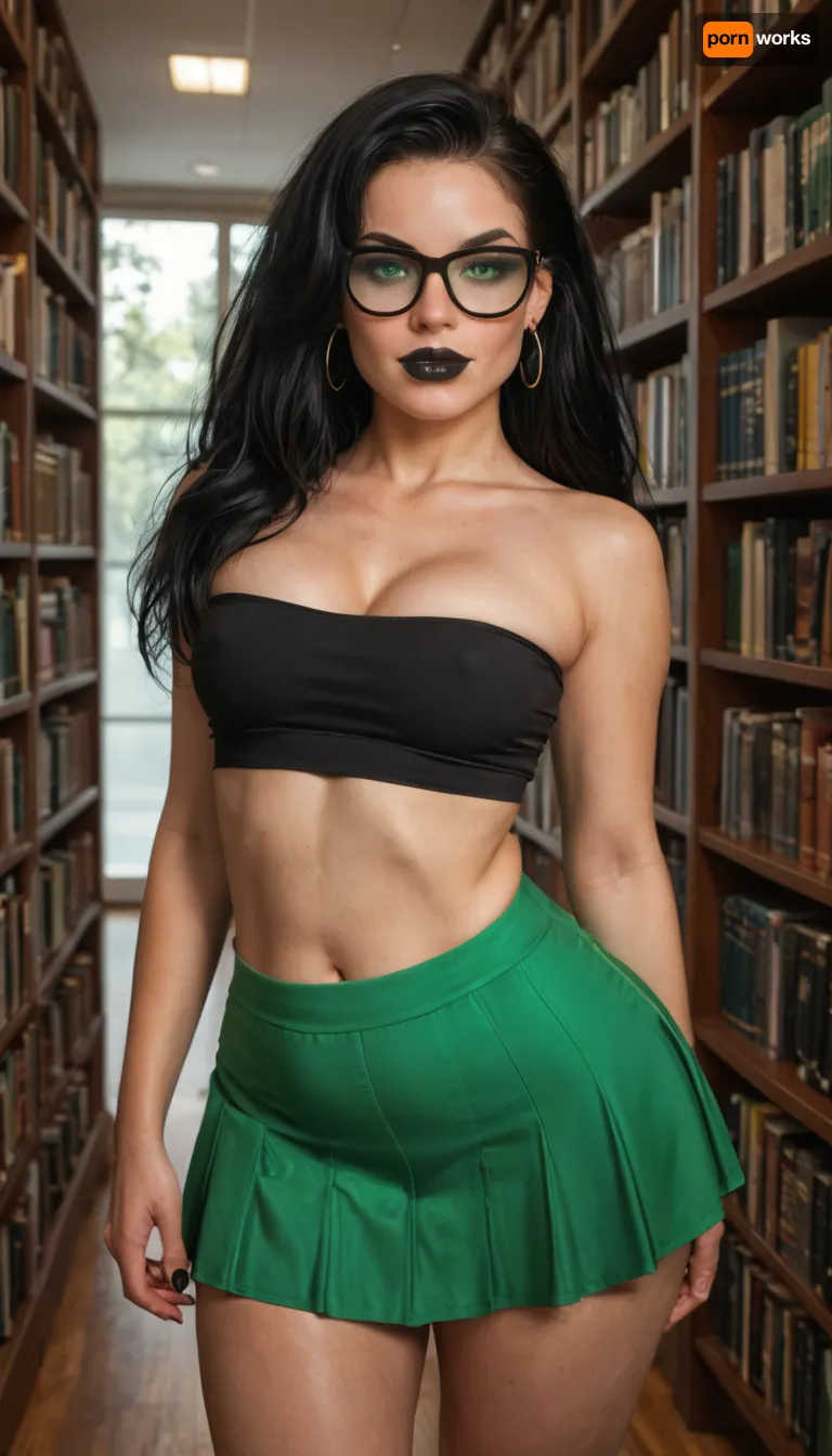 Realistic, chubby curvy Shego 21 yo., beautiful small breasts, hourglass waist, thick hips, extremely wide hips, extremely beautiful, slut, bimbo lips, beautiful face, cute glasses, deep cleavage, green eyes, medium black hair, black lipstick, bdsm slut, extremely bulge ass, bubble butt, seductive pose, standing, (Librarian:1.8), sexy black crop-top, green skirt, no_bra, University, Library, 41sl3, <lora:University_Library_41sl3:.8>