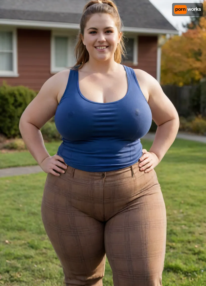 extremely detailed, candid picture, realistic photograph of a cute, chubby, 30-year old woman, Caucasian American, massive pust, pretty round face, light brown hair, PonyTail, (detailed chubby face), big hips, wide loose working trousers, (flannel shirt over tank top), happy expression, holding rake, standing on lawn of nice suburban house, autumn, sunshine, fat ass, strong thighs, flat, chest, big, breasts, huge, gigantic, hips, thighs, wide, thick, plump, belly, female, arms, extra, <lora:Venus_Body_Alpha:.3>