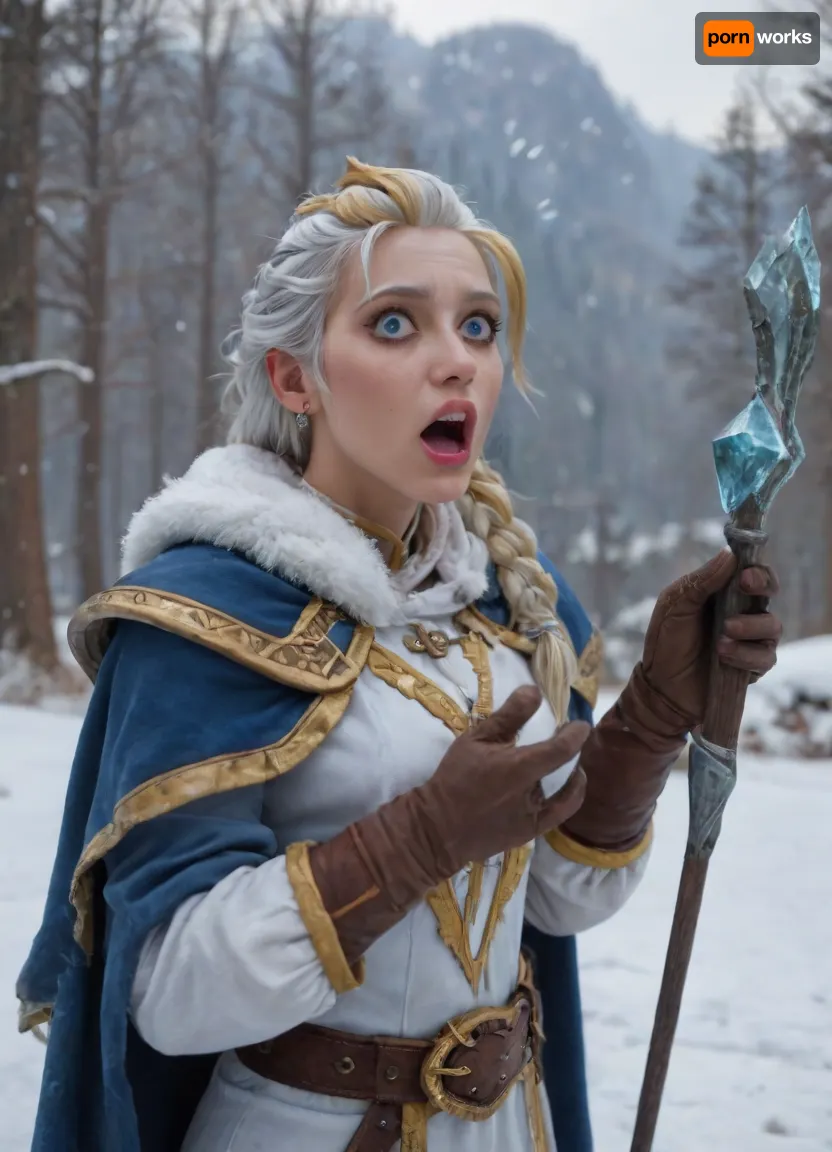 A tall, regal ice-sorceress kneeling, Her flowing robes are shaded in cool cerulean, icy silver, and pure white, embroidered with delicate frost motifs., (Voluminous wool cloak, frost-edged fabric), Her fitted bodice is laced with crystalline filigree, (leather belt), (leather pouches ancient runestones), She wears arcane gloves with sapphire insets, and her hair is styled in a long, elegant braid. Clasped in one hand is a slender staff carved from enchanted whitewood, topped with a swirling, frost-encrusted crystal radiating a soft blue glow, subtly swirling ice particles and casting a faint blue light on her, cool sleek light, (World of warcraft, Jaina proudmoore:1.6), cinewow, masterpiece, awardwinning, 8k, epic, trending on artstation, (frozen wasteland, tundra, frozen tundra, excessive snow accumulation), <lora:cinewow-step00000300:2>, (shocked:1.75), (mouth open:1.31), detailed lips