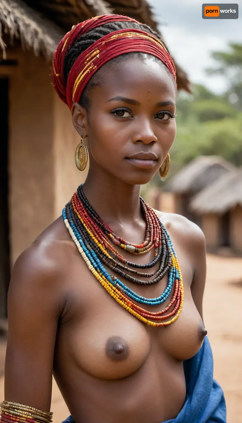 A stunning African tribeswoman standing proudly in her sunlit village. She has smooth, deep ebony skin that glows warmly under the golden light. Her face is strong and graceful, with high cheekbones, expressive dark eyes, and a serene, confident expression. Her hair is styled traditionally in intricate braids adorned with colorful beads and cowrie shells that catch the sunlight. Around her neck are layers of handcrafted bead necklaces in vivid reds, yellows, and blues, symbolizing heritage and strength.

She wears a beautifully patterned traditional wrap made from woven cloth in earthy and vibrant tones, draped elegantly over one shoulder. Her arms are adorned with brass bangles, and delicate face paint in white and ochre highlights her natural beauty. She stands tall with a regal posture, embodying pride and dignity.

Behind her, the village is alive with detail — round thatched huts, red clay earth, and acacia trees dotting the horizon beneath a wide blue sky. The air feels warm and full of life, capturing the essence of traditional African village life and timeless feminine grace.

She is topless. Her nude heavenly tits are firm and large., (((Exposed breasts))), (Nude), ((Show feet)), ((full frontal)), (((big tits))), (((realistic))), (((nipples))), (((show more of the scene))), ((wide camera angle)), (((topless)))