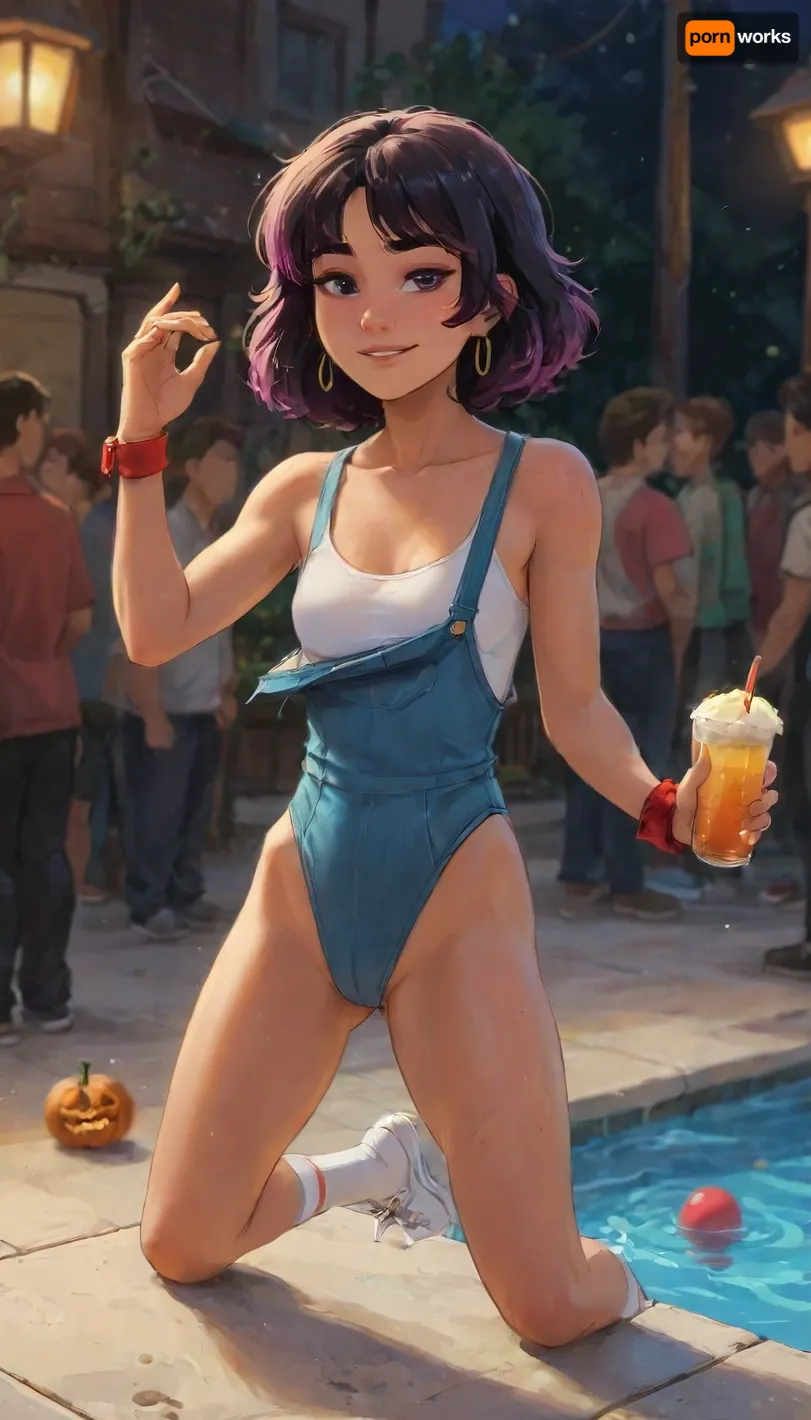 Andava, Andavaverse, Angelia Pelo Roth At A Halloween Costume Pool Party.

ANGELIA PELO ROTH, Italian-Korean, female, Height 5'3, A confident young-adult woman with wavy shoulder-length hair black at the roots and dyed in rich two-tone purple with slight magenta highlights, parted slightly to the side, bright_grey_eyes, wearing a sexy horror-themed Chucky doll costume inspired by the Movie character Chucky. She wears a tight, off-shoulder bodysuit with rainbow-striped sleeves and red cuffs, designed to look like denim overalls with garter straps and red buttons attaching matching faux-denim thigh-high stockings. She also wears red high-top sneakers with colorful socks. Her hair is big, curly, styled wildly, and her face is painted with creepy doll style makeup featuring stitched scars, She has a toned body, small breasts, athletic body, Her expression is confident and playful, slightly smug or teasing.

perfect anatomy, best quality, 8k, insane details, intricate details, hyperdetailed, hyper quality, ultra detailed, professional, HDR, ray tracing reflection, cinematic lighting, highlydetailedbody, realisticface, highlydetailedhair, perfectfingers, insanelydetailed, 8K.highdetailedskin, highresolution, (j_cartoon:1.5), Drawing, Andi, uberfit, muscular, athletic, <lora:467443_training_data:2>, <lora:detailed_notrigger:2>, <lora:samdoesarts1.1-000030:.4>, <lora:J_cartoon:.3>, <lora:Animated_Concept:.4>