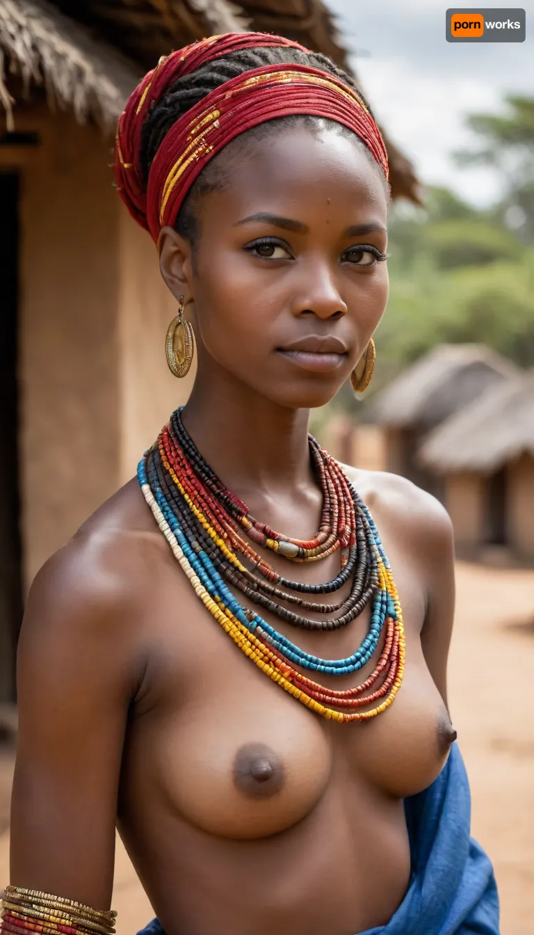 A stunning African tribeswoman standing proudly in her sunlit village. She has smooth, deep ebony skin that glows warmly under the golden light. Her face is strong and graceful, with high cheekbones, expressive dark eyes, and a serene, confident expression. Her hair is styled traditionally in intricate braids adorned with colorful beads and cowrie shells that catch the sunlight. Around her neck are layers of handcrafted bead necklaces in vivid reds, yellows, and blues, symbolizing heritage and strength.

She wears a beautifully patterned traditional wrap made from woven cloth in earthy and vibrant tones, draped elegantly over one shoulder. Her arms are adorned with brass bangles, and delicate face paint in white and ochre highlights her natural beauty. She stands tall with a regal posture, embodying pride and dignity.

Behind her, the village is alive with detail — round thatched huts, red clay earth, and acacia trees dotting the horizon beneath a wide blue sky. The air feels warm and full of life, capturing the essence of traditional African village life and timeless feminine grace.

She is topless. Her nude heavenly tits are firm and large., (((Exposed breasts))), (Nude), ((Show feet)), ((full frontal)), (((big tits))), (((realistic))), (((nipples))), (((show more of the scene))), ((wide camera angle)), (((topless)))