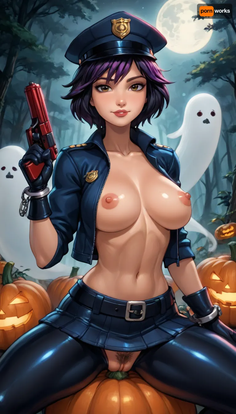 (reiq style art:1.3), (beautiful muscular GoGo Tomago big hero 6:1.5), 1girl, solo, sexy and busty body, big breasts, (Asian skin:1.5), (dark moon stars bats ghost nighttime forest background:1.6), (setting on top of a super big giant jack o lanterns pumpkins:1.5), (right hand holding up handcuffs:1.1), (left hand holding toy gun:1.1), lustful playful smiling face, brown eyes, scruffy black bob-cut hair with violet streaks on her bangs, makeup which consists of lavender eyeshadow, light blush, and subtle dust-pink lipstick, muscular body, defined muscles, hourglass figure, perfect round breasts, perfect big round ass, defined body muscles, leg muscles, defined arm muscles, (policewomen hat:1.5), (open top tight policewoman uniform:1.4), (tight short policewoman skirt uniform:1.4), (tight policewomen gloves:1.3), (tight policewoman leggings:1.4), (puffy swollen labia puffier:1.3), (pussy visible:1.4), (nipples visible:1.3), (neon violet hart spade pubic hair:1.7), perfect fingers, A masterpiece of the highest quality, the work of a real master, <lora:EnvyBeautyXL02:1>, <lora:hentai_anime_style_xl_v1:1>, <lora:AnimatedNightmaresStyle:2>