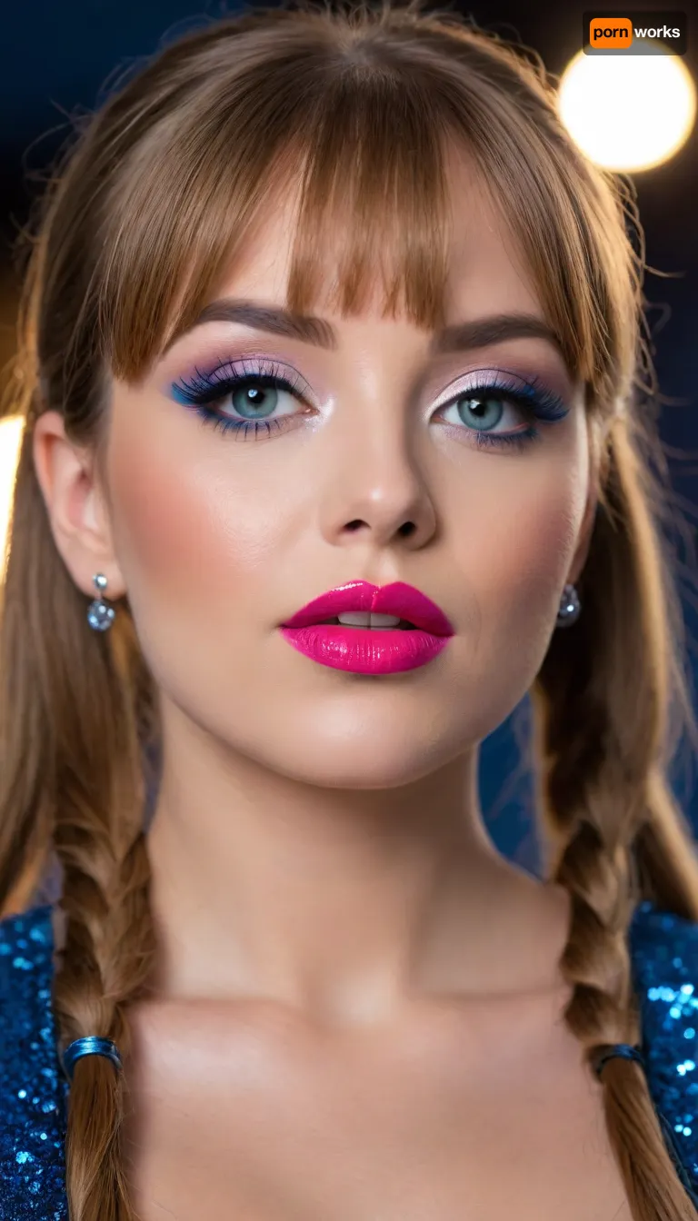 (high-quality facial treatment:1.3), ((makeup:1.5), long blue eyelashes, olive eye shadow with sequins), large plump lips bimbo in red lipstick with a glossy wide pink outline and a slightly open mouth, (hairstyle with five pigtails straight bangs of blue with sequins:1.2), pupil eyes like a snake
eyebrows thin
