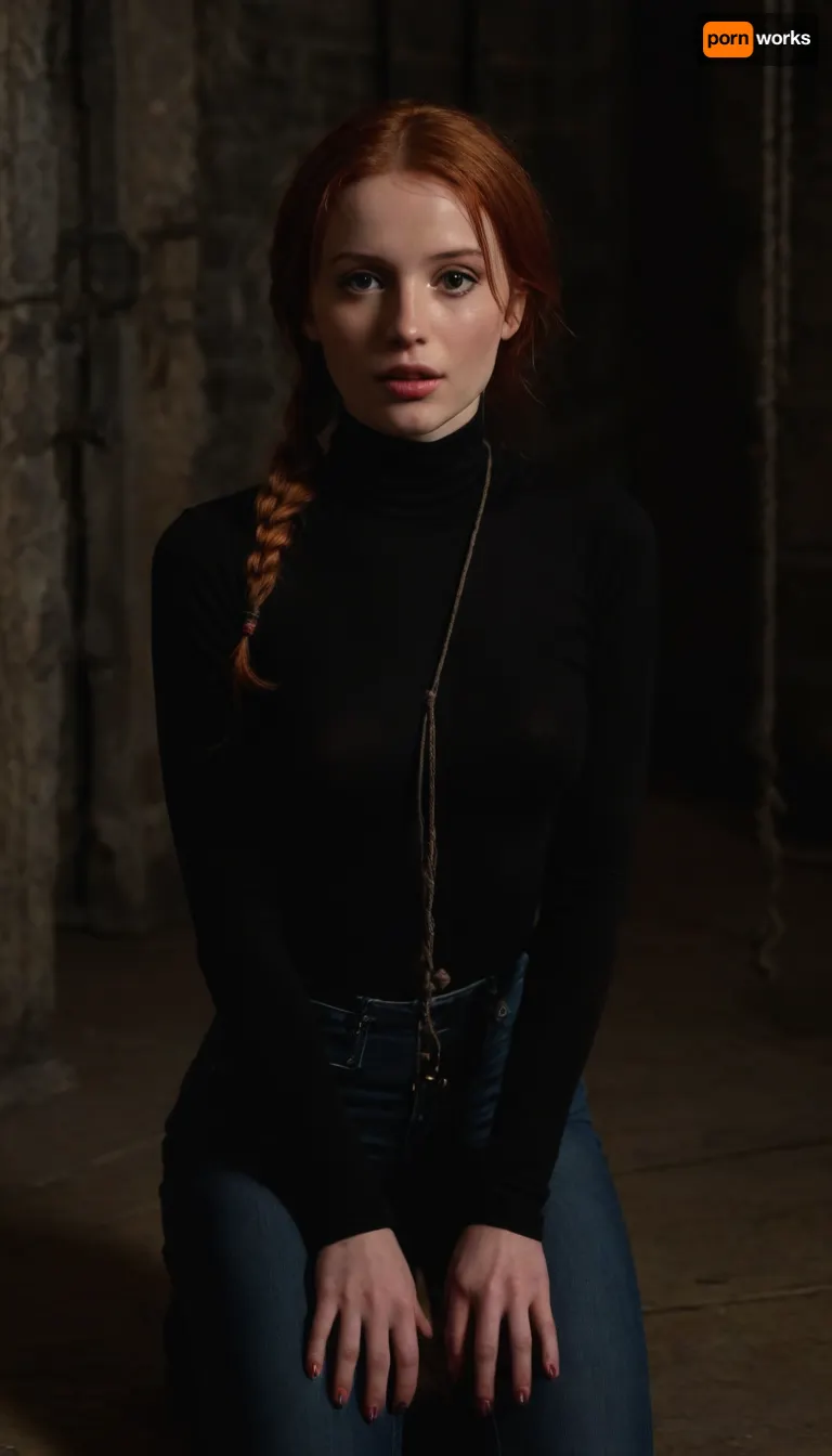 Very cute 28yo redhead girl, very beautiful and cute, very pretty, fully clothed, wearing black turtleneck and jeans, skinny face with cheekbones, very sexy, ((full body view)), in a dark basement, ((slave)), (((down on her knees))), masterpiece, ((hands tied)), ((bondage)), ((8k ULTRA HD)), perfect face, ultra detailed face, young and beautiful, big, lips, <lora:Beautify-Supermodel-SDXL:1.3>, <lora:315758_training_data:1.6>