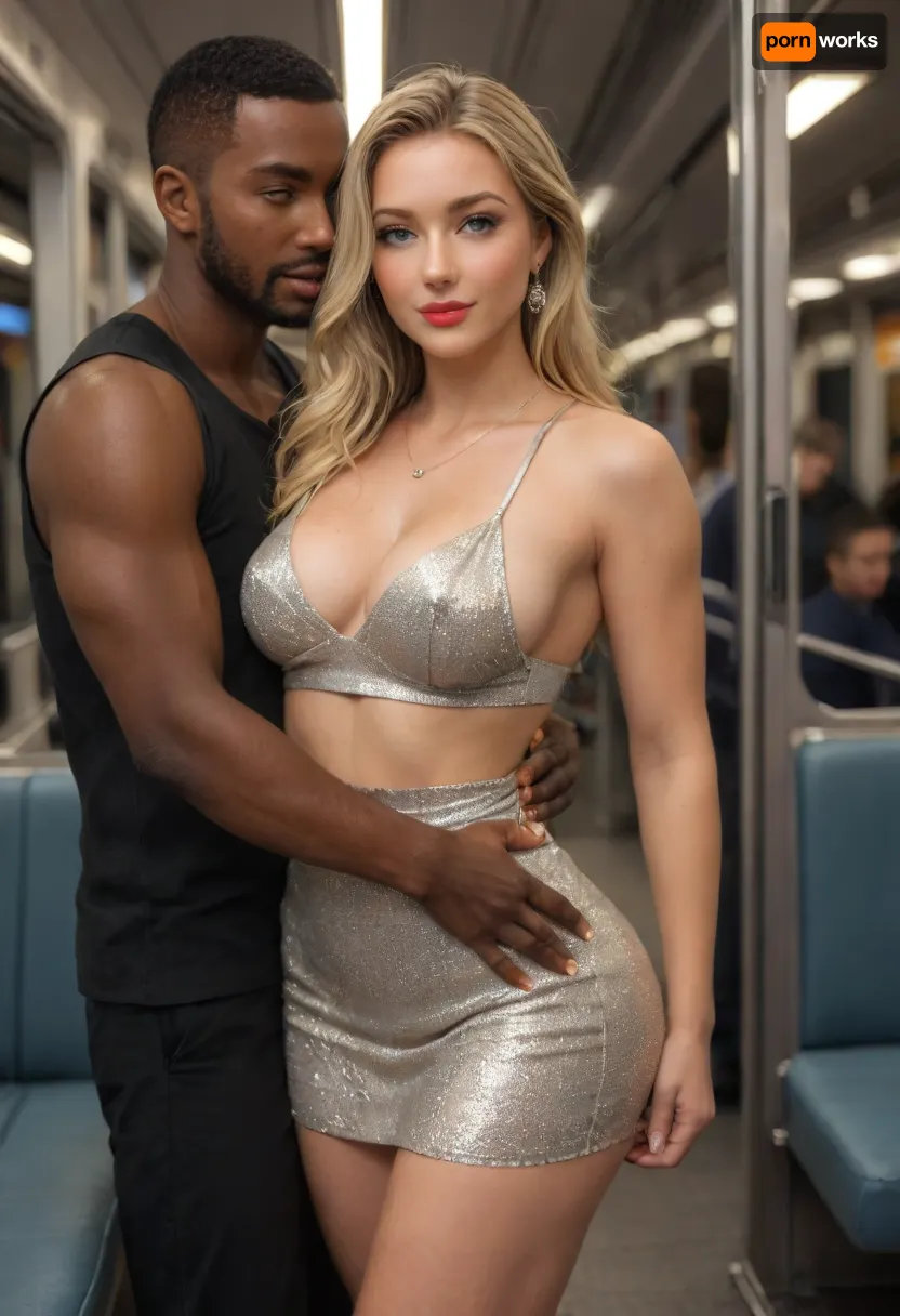 (masterpiece, best quality), explicit interracial couple caressing on the Subway. French woman, blonde hair, facing the camera, 40 years old, (beautiful:1.7), wedding ring, (curvy:1.5), ((fertile goddess)), wide hips, big bubble butt, thick thighs, dressed, sequin party minidress, no bra, covered natural hanging breasts, protruding nipples, (soft natural teardrop breasts), (C cup breasts), perfect heavy makeup, red lipstick, seductive eyes, wry smile, looking at the viewer, closed lips, sexy head-tilt, S-curve model pose, (((embraced from behind))), his hands are caressing her body, 1man, (((male model face))), black African, black skin, smart clothes, muscular, athletic, bulging brutish muscles, his massive masculine hands are holding her hips, (caressing:1.6), . Subway train, midnight, empty, deserted, dim lighting, artificial lighting, late night setting, energetic tone, front view, side view, strip light lighting from the front, desaturated colours, captured with a Leica M10, Leica Summilux 50mm f/1.4 lens, sharp focus, best shadow, score_9, score_8_up, 8K, UHD, clear image, extremely sharp, extremely detailed, extremely intricate detail, high res, ultra-high-definition, highly detailed, ultra-sharp textures, finely detailed, perfect skin texture, hyperrealistic lighting, professional photography, full dynamic range, deep contrast, high clarity, realistic depth of field, HDR, perfect exposure, smooth gradients, volumetric lighting, natural reflections, ultra-fine details, realistic skin pores, individual hair strands, bokeh, soft shadows, color-graded, Subw4y, tr41n, green, eyes, blue, brown, perfecteyes, <lora:attractive_notrigger:1.5>, <lora:681678_training_data:.8>, <lora:Subw4y_tr41n:.8>, <lora:PerfectEyesXL:.8>, <lora:bigg:.8>