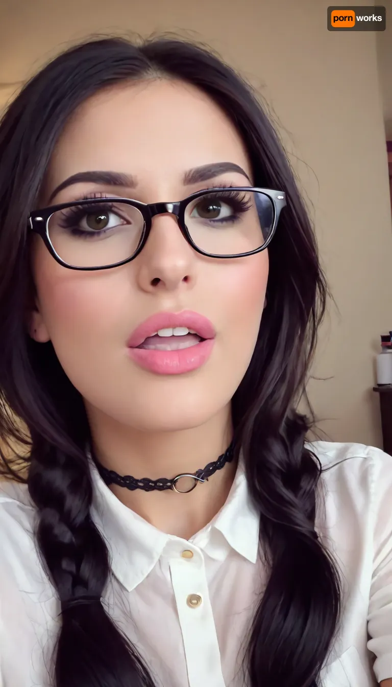 woman sssniperwolf is wearing glasses and choker necklace, extreme close up, highly detailed face wearing heavy makeup, (visible pores:.35), (highly detailed skin:.3), wearing a white button down shirt, best quality, sweetegl, sweetop, swe3tjsk, bl0use, <lora:sssniperwolf_XL:1.8>, <lora:SweetLolitaXLv4.23:.8>