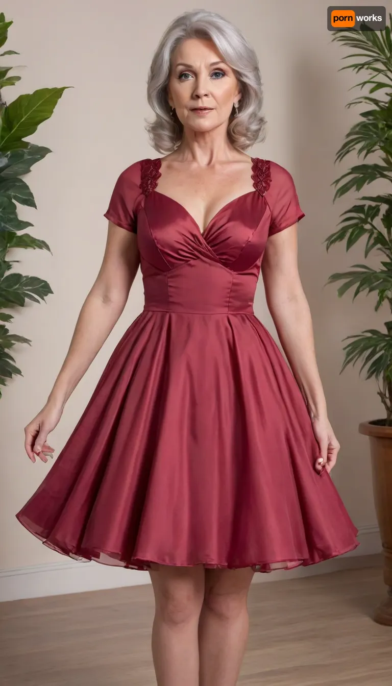 (mature:1.9), (gilf:1.9), (burgundy diaphanous circle dress:1.8), blazer, very busty, large hanging tits, The image shows a well-dressed old woman with a confident yet seductive expression, looking directly at the camera, Her long hair is neatly tied back, and her makeup is natural and subtle, Black lace stockings, The background appears to be an elegant indoor setting, likely an office or hotel, with plants and wooden doors visible, The overall impression is minimalist, simplified, formal, business, professional, and sophisticated, <lora:xl_princess_dress-2.0:1.1>, <lora:xl_diaphanous_dress-1.0:1.2>, circle, dress, <lora:8fcf1204-8988-4a6b-81d6-6595f4184458.TA_trained:.8>
