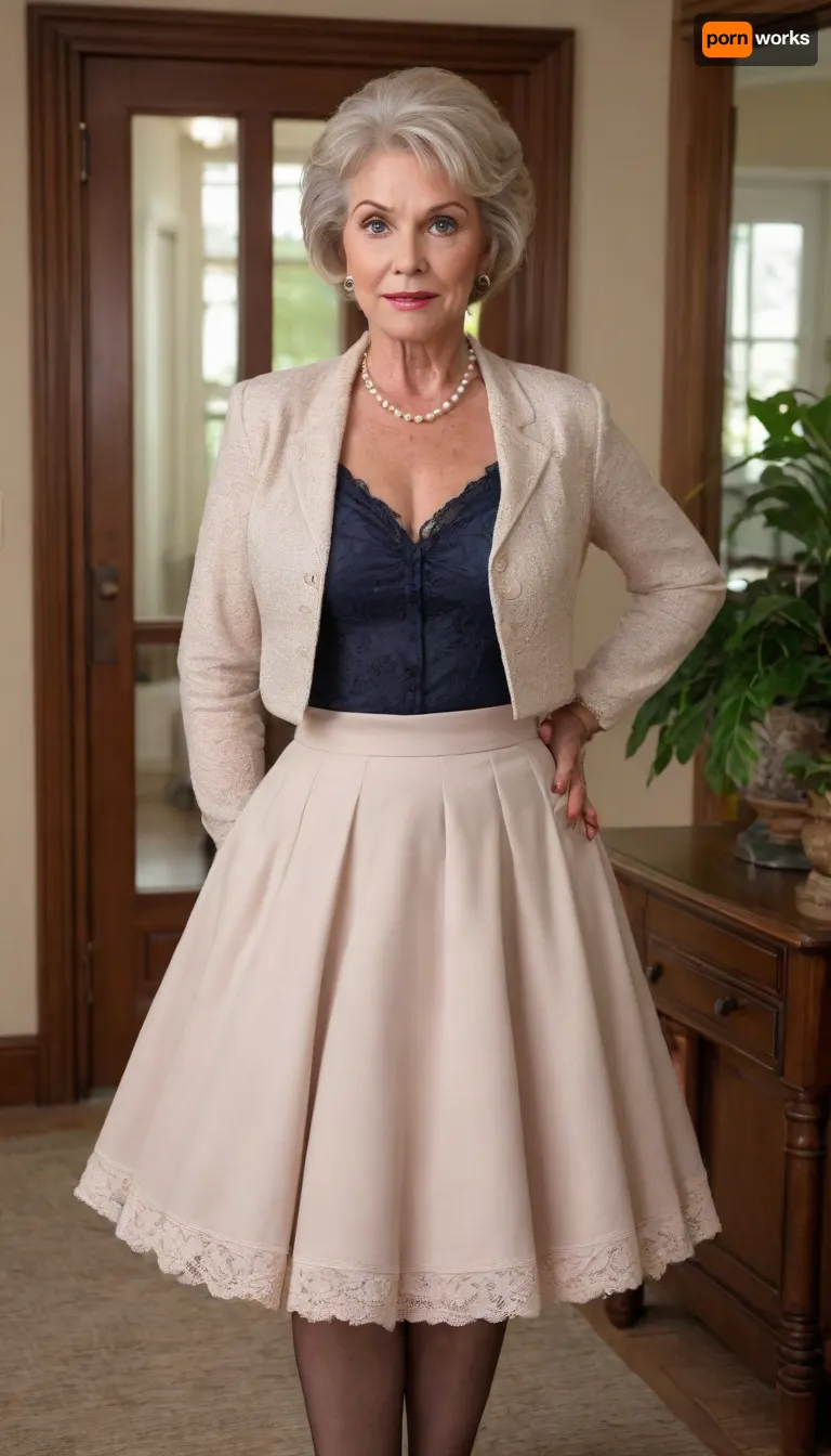 (mature:1.6), (gilf:1.6), The image shows a well-dressed, middle-aged woman with a confident yet friendly expression, looking directly at the camera. She is wearing the most beautiful sheer suit — a blazer and matching short lace circle skirt — with a light-colored top underneath. Her hair is neatly tied back, and her makeup is natural and subtle. Black lace stockings The background appears to be an elegant indoor setting, likely an office or hotel, with plants and wooden doors visible. The overall impression is professional, refined, and sophisticated, hoopdress, (circle skirt:1.5)