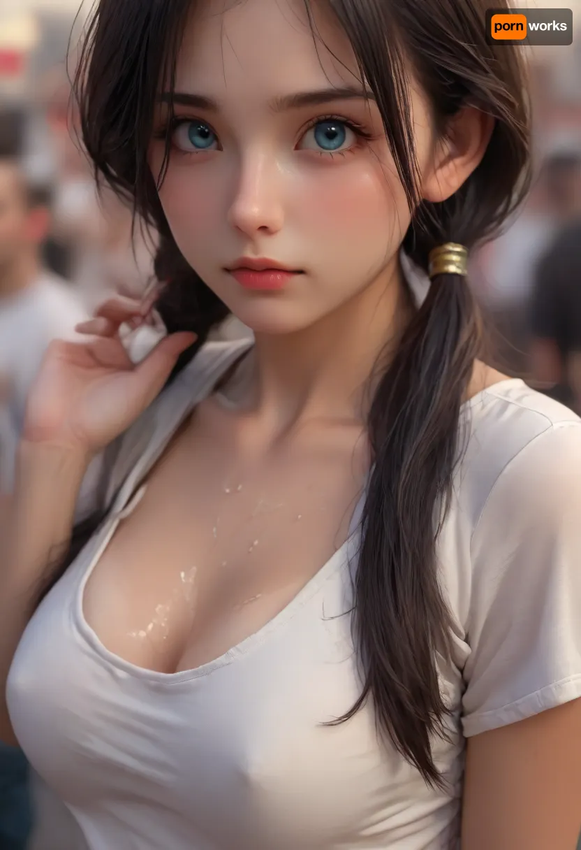 1girl, solo, (((Videl from dragonball super))), (30 y.o), ((housewife)), ((she is more older)), standing, (blue eyes), (big eyes), (high forehead), (long straight hair), (black hair), (low pigtails that stop at her chest), (large breasts), (wearing a long loose white t-shirt and jeans pants), upper body view, ((Close-up)), ((focus on face)), ((front side view)), (head fully exposed), ((((crowd of people around)))), (athletic body:1.5), (tanned body:1.3), (tan lines:1.4), (oiled body:1.3), (sweaty body:1.4), (shiny body:1.5), (sweat dripping from body), ((textured skin)), ((realistic skin:1.7)), seductive gaze, ultra detailed eyes, ultra detailed face, perfect pussy, perfect hands, perfect fingers, contrasting shadows, (dark shadows:.9), bright light patches, well-lit scene, (high contrast:1.8), (maximum quality:1.5), (high resolution:1.5), (ultra realism:1.5), ((focus on body:2)), (colorful:1.4), (brightness:1.4), professional photography, <lora:SDXLHighDetail_v6-000005:.5>, <lora:BUT_SDXL_SHS:.8>, <lora:gldnglry:.4>, <lora:detailed_notrigger:.8>, <lora:Bulma1024:1>