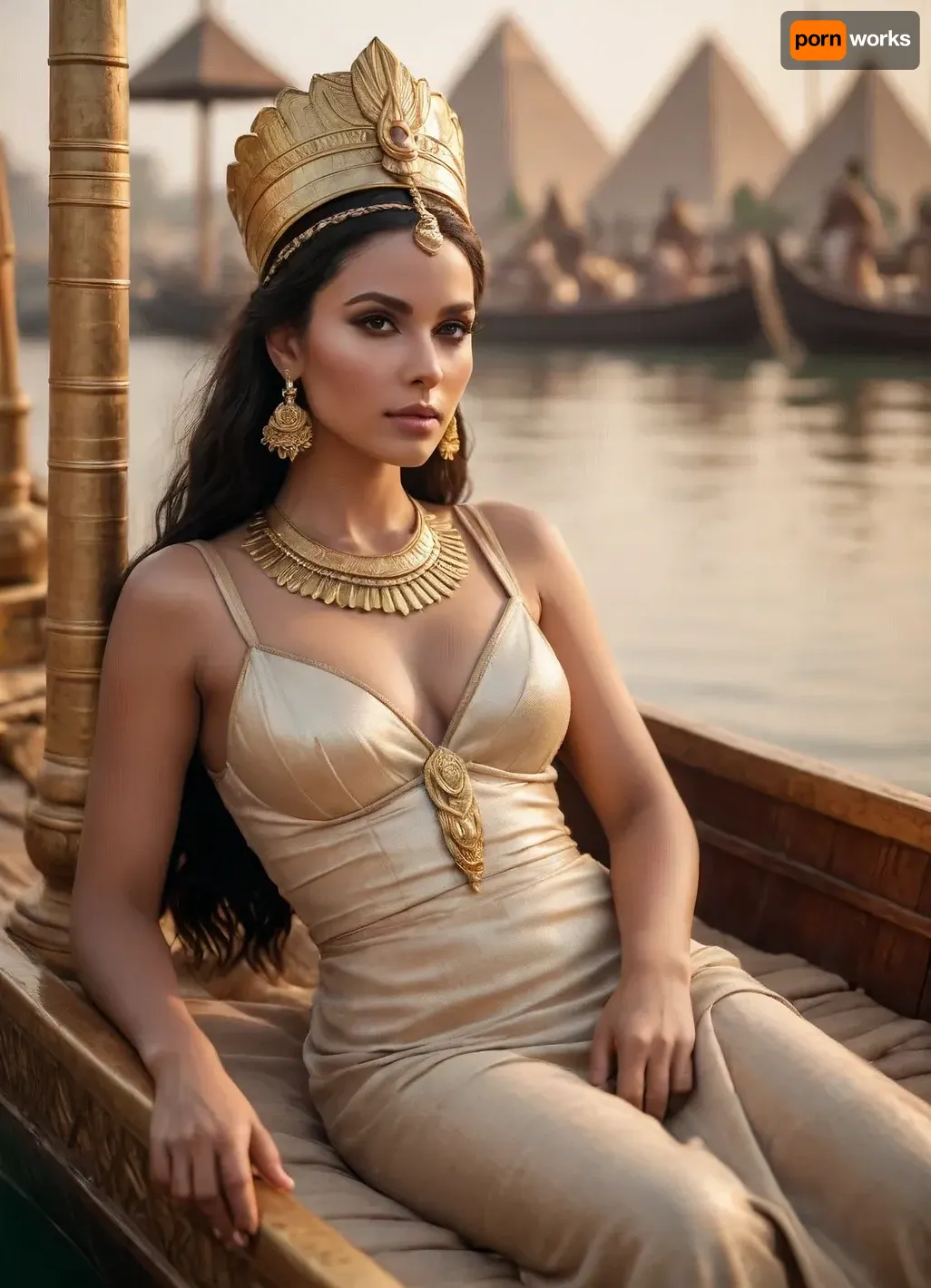 A fictional Nile queen reclining on a gilded lotus barge, diaphanous linen dress slipped to show hip and boobs and beautiful legs, heavy kohl, wide gold collar, servants pouring wine, papyrus reeds and pyramids at sunset, lush cinematic luxury.