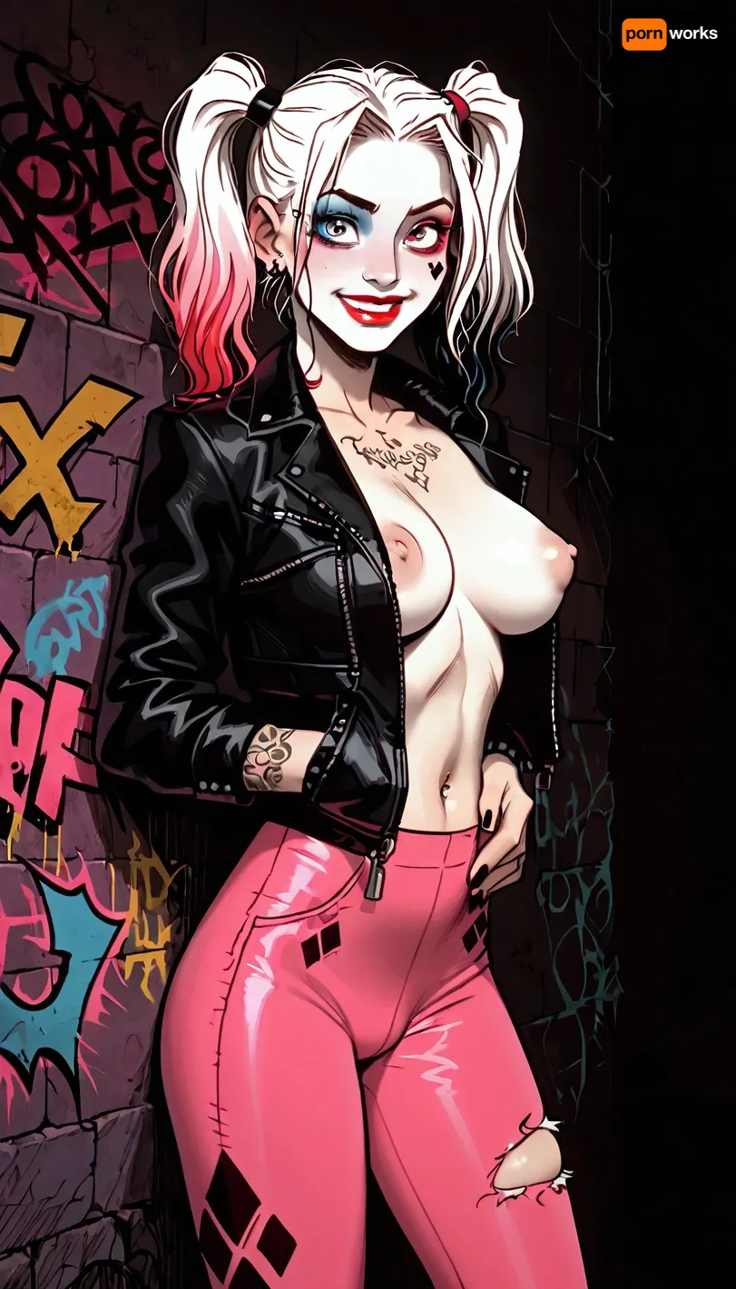 8k, score_9, score_8_up, score_7_up, melkor mancin meets Incase style, Harley Quinn emo girl, tattoos, thick puffy nipples, skinny body with big breasts, standing, near wall, contrapposto, shy smile, confused, ripped apart pink leggings with black stripes, leather jacket, graffiti, concrete, ratatatat74, cute, doodle, <lora:ratatatat74-000050:.8>, <lora:cutedoodle_XL-000012:.8>, <lora:NEOTOKIOXL_0.2_RC:.8>