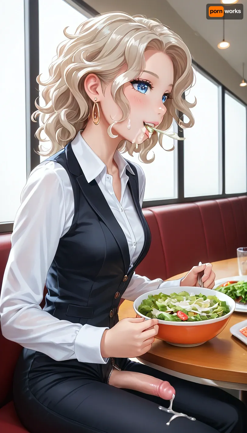 side view, a cute business shemale sits at a table in a fancy restaurant, eating a salad covered with cum, she is wearing a cute office attire pants unzipped flaccid penis, fully clothed. she eats the cum covered salad, Trfut, flac-futa, flac-penis, photo, artwork, <lora:SDXLlora4flFut-000014:.8>