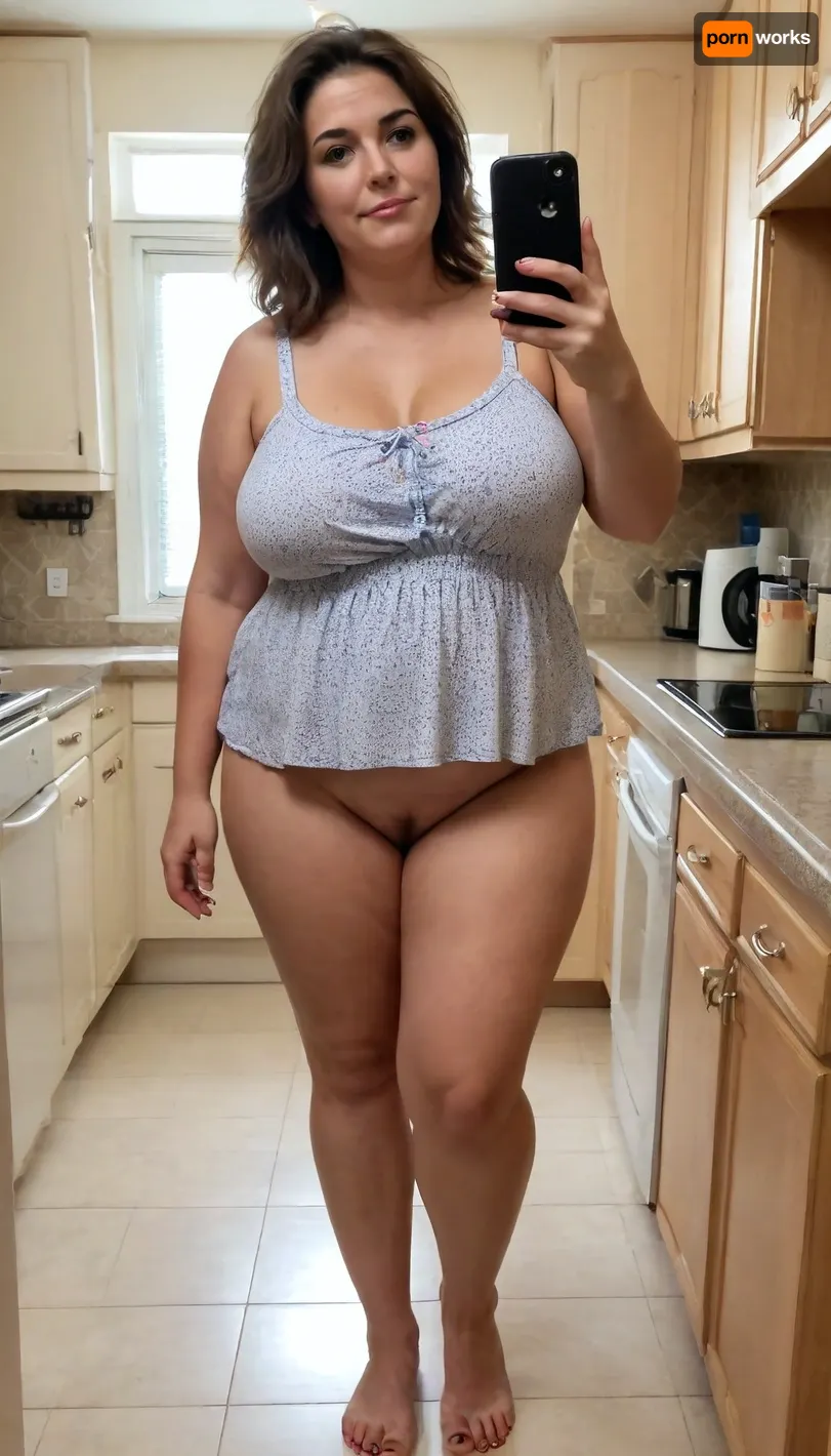 old cute charming mature, sexy 60 years, brunette, medium hair, tan skin, after sleep, messy hair, at the kitchen, wide hip, big culottes, fat bbw chubby, very tall, long legs, thick legs, extreme small tiny boobs, very tiny little tits, selfie, full body view, looking at the camera, sexy cute in love face, very cute an charming, very cute hello ketty pj's, cute pyjamas