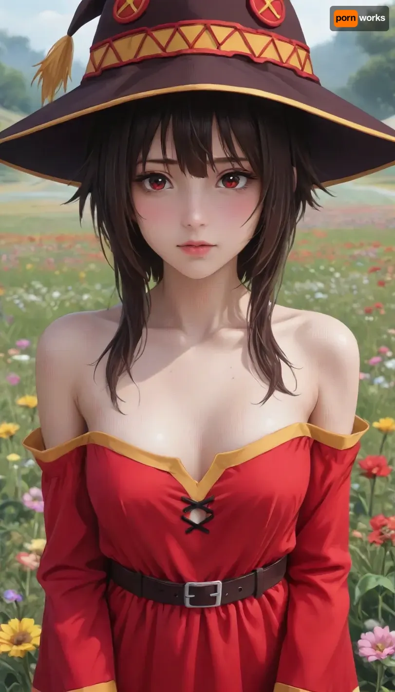 Megumin, breasts out, highly detailed, flower field, megumin_, (konosuba), red, eyes, short, hair, brown, <lora:outline_xl_kohaku_delta_spv5x:.6>, <lora:NEOTOKIOXL_0.2_RC:1.2>, <lora:Ppolar-P3v1-NbVp10:.5>, <lora:megumin_konosuba xl:1.5>