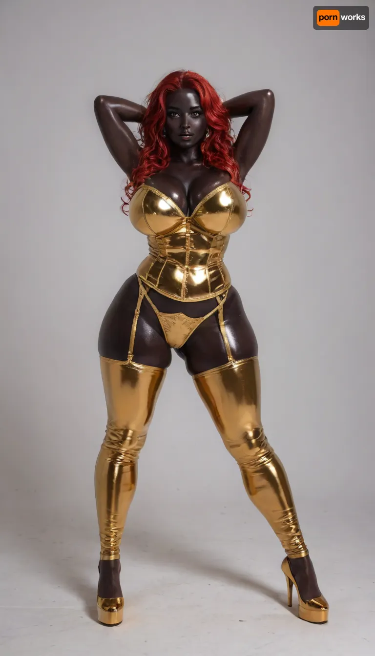 (((perfect Very busty girl, perfect luxurious solo sexy woman girl, Elegant black woman with black skin, perfect real girl, ultra detailed body, ultra detailed face))), ((perfect sexy black makeup on the face)), ((shiny round big hyper-plump breasts)), (((solo sexy girl))), ((((long straight red hair)))), (((perfect shiny skin))), (((shiny black skin:1.8))), (((((perfect golden latex lingerie, perfect golden bra, perfect golden corset, perfect golden latex leggings, perfect golden heels))))), (High detailed photo, high quality photo, flash photo), ((((showing off the perfect figure, hourglass figure, narrow waist, hyper wide hips)))), ((ultra detailed body, ultra detailed face, beautiful eyes, looks at the viewer, dynamic pose)), ((((white background, white space)))), ((((fuck such a girl)))), ((dynamic pose, hands behind head, legs spread)), (((full body view))), (((hdr, perfect small details, perfect quality, soft shadows, ultra perfect quality, perfect detailing)))