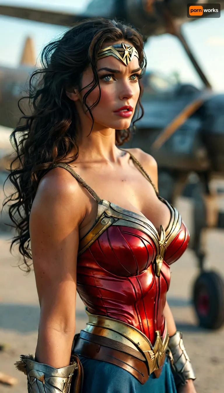 Create an image of *Wonder Woman* in her classic WWII-era costume, a red, gold-breasted armor top with a prominent eagle emblem, emphasizing her enormous 36DD breasts and showing deep cleavage. Focus on her breasts, showing her from the waist up and capturing her confident expression. Include her golden tiara and silver bracelets, with the lasso of truth subtly in view. The background features a WWII U.S. air base runway with vintage aircraft and a clear blue sky., but, <lora:MJ52:2>, <lora:add-detail-xl:2>, <lora:BUT_SDXL_SHS:.3>