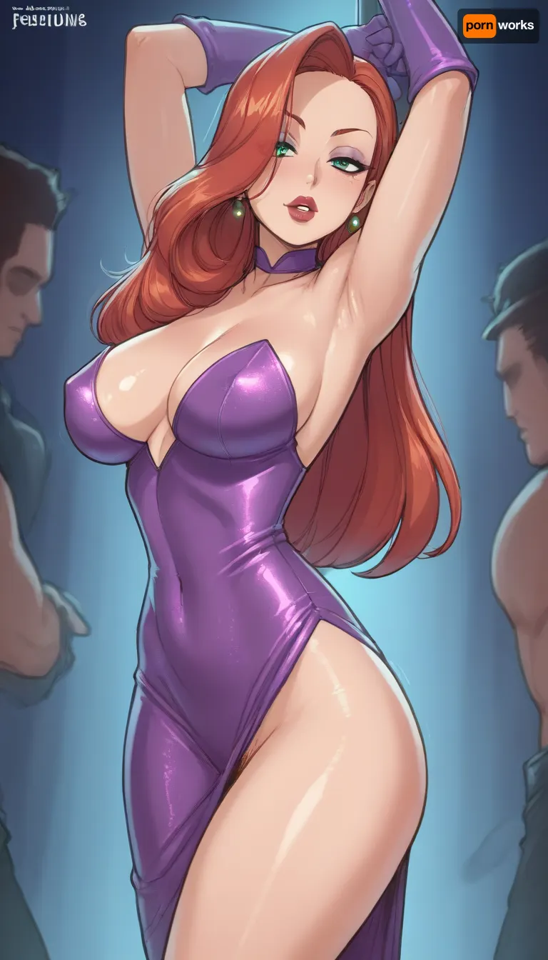 Score_9, score_8_up, score_7_up, reiq meets markgavatino and melkor mancin artstyle, Jessica rabbit, arching back, luxurious tight micro dress, no panties, hairy pussy, dancing, mid-motion shot, vintage 50's strip club, bright apotlight, ratatatat74, high contrast, (thick outline), <lora:ratatatat74-000050:.8>, <lora:cartoon_stickers_xl_v1:.8>