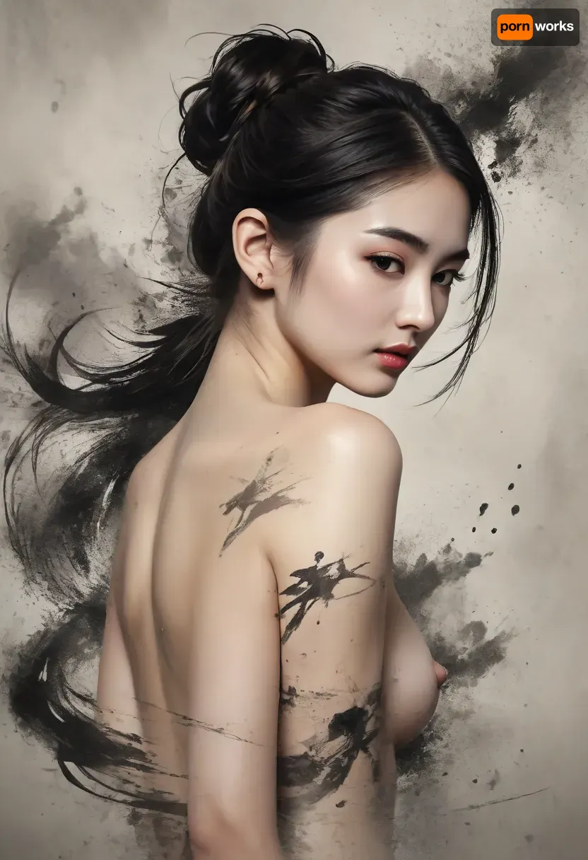 A stunningly beautiful Japanese woman in a dynamic and elegant pose, black hair styled into traditional Japanese bun, (Japanese ink wash), swirls of black calligraphy ink and expressive splatters surround the body, (nude), (pretty face:1.8), (perfect nose:1.8), slender body, perfect legs, fair skin, (full body portrait), <lora:Midjourney Image Enhancer XL v1:.8>