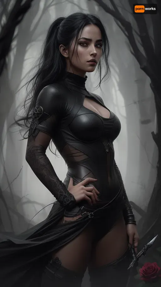 generate a conceptual art, of a blDark scenery, dark light, dark environment, muscular female fighter, baggy black jogger pants, small black dagger, brown eyes, prominent pupils, dark masterpiece, full body size, oriental fantasy theme, underworld, spectacular black hair, serene gaze, color grading, dark illustration, the person in the middle, extreme quality, radiant and serious face, extremely detailed, ultra detailed, ultra hd 8k, ultra digital, mythical, dark ray, concept art portrait by Greg Rutkowski, art, hyper detailed, intricately detailed gothic art, dark gothic fantasy style, triadic colors, fantastic, intricate detail, splash screen, complementary colors, fantasy concept art, 8k resolution, deviantart gothic masterpiece, oil painting, heavy strokes, soft lighting, film photography, analog photography, film grain, Anna Dittmann, hyperrealism, oil dripack dagger wrapped around a black rose