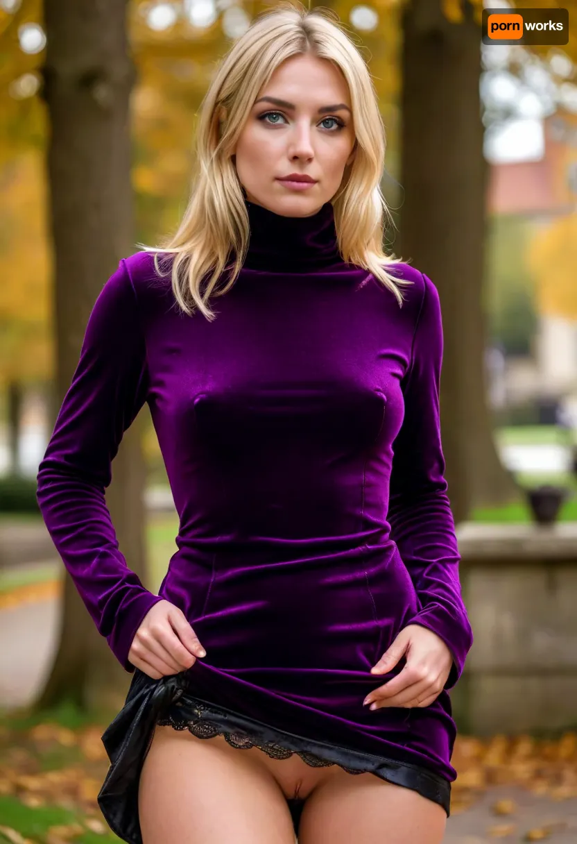 (masterpiece, best quality:1.2), 1 czech mid age woman, (1 woman in dark purple velvet minidress, leather boots:1.4), short dyed blonde bangs hair with middle parting, hair tucked behind the ears, green eyes, outdoors, in sunny cold autumn bohemian castle park, she goes for a walk, (her face is covered with cum, cum on her chest, cum on clothes, cum threads drip from chin:1.4), photorealism, braless, Wearing, clothes, that, make, sense, with, Braless>, <lora:style_lora_realis:.5>, <lora:bralessSDXL_v1_00022:.5>, skirtlift, <lora:skirtlift_xl:.8>