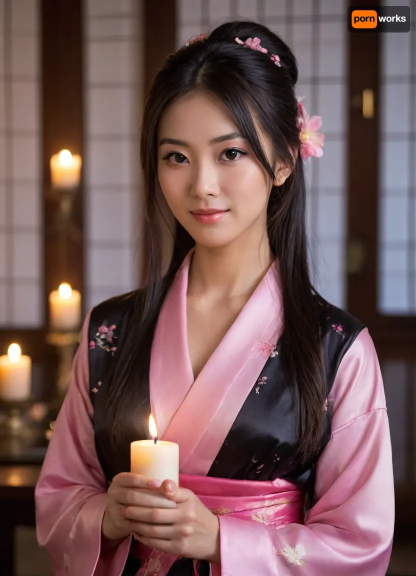 Waist up three quarter front view portrait of a beautiful 25 year old Japanese woman wearing a black and pink kimono. Aquiline nose, big brown eyes, subtle smile. Long silky black hair, butterfly clip in her hair. In a temple, holding a candle, candlelight lighting.