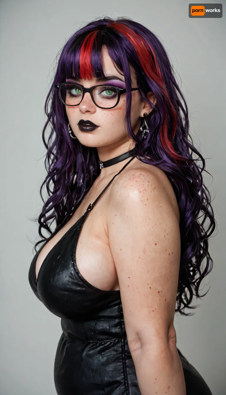 sexy goth woman, 18 years old, long hair and bangs, purple hair with red highlights, freckles, glasses, green eyes, British, eyeliner, mascara, purple eyeshadow, black lipstick, chubby, large breasts, black dress