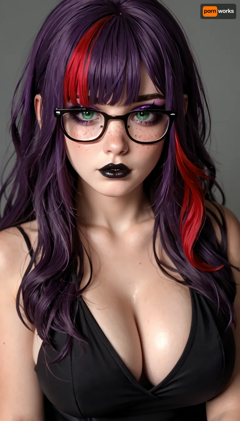 sexy goth woman, 18 years old, long hair and bangs, purple hair with red highlights, freckles, glasses, green eyes, British, eyeliner, mascara, purple eyeshadow, black lipstick, chubby, large breasts, black dress
