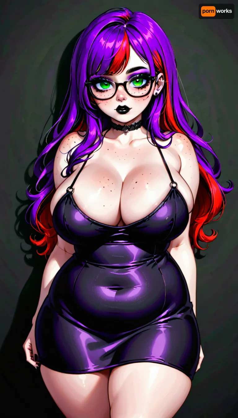 sexy goth woman, 18 years old, long hair and bangs, purple hair with red highlights, freckles, glasses, green eyes, British, eyeliner, mascara, purple eyeshadow, black lipstick, chubby, large breasts, black dress