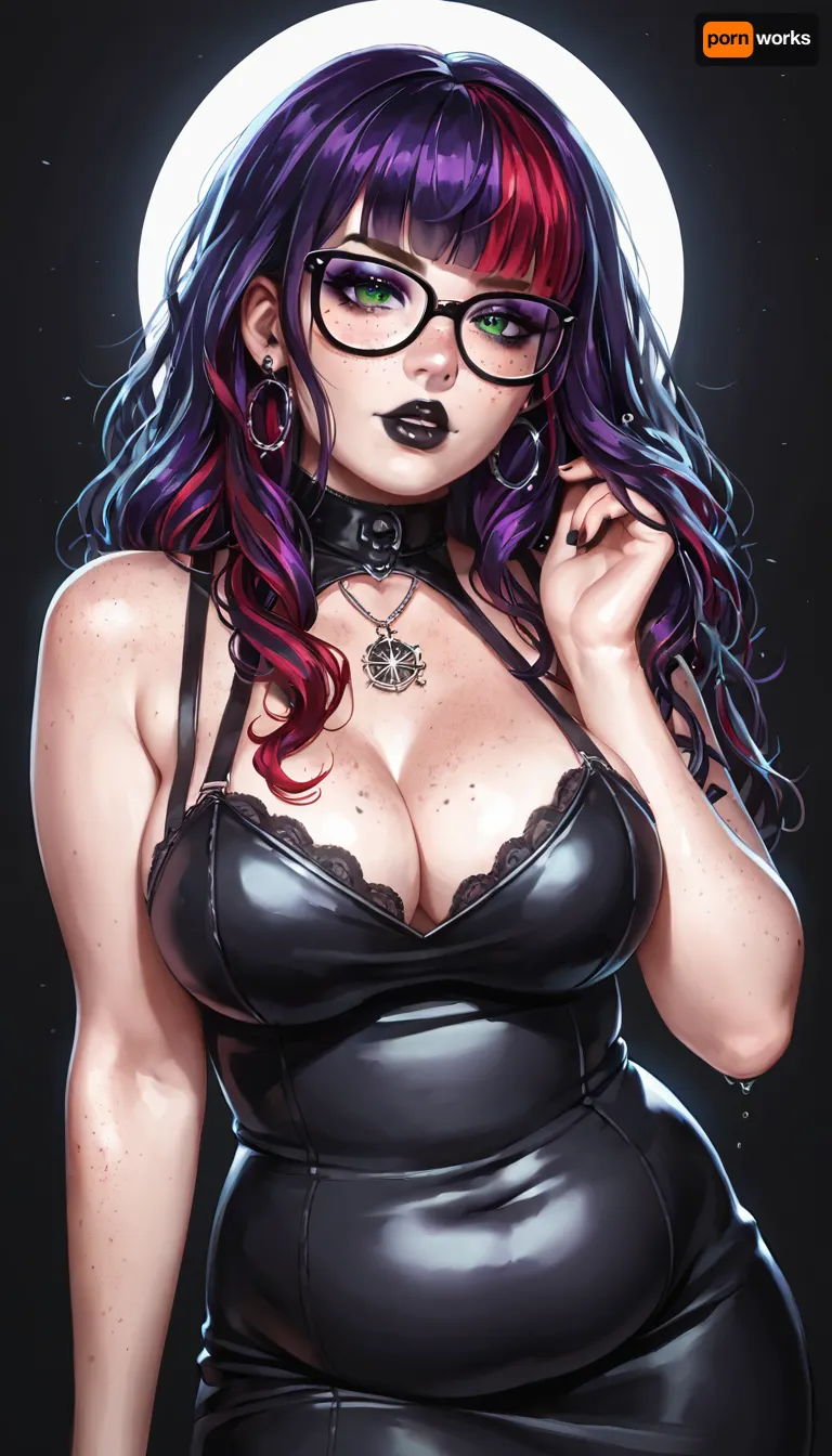 sexy goth woman, 18 years old, long hair and bangs, purple hair with red highlights, freckles, glasses, green eyes, British, eyeliner, mascara, purple eyeshadow, black lipstick, chubby, large breasts, black dress