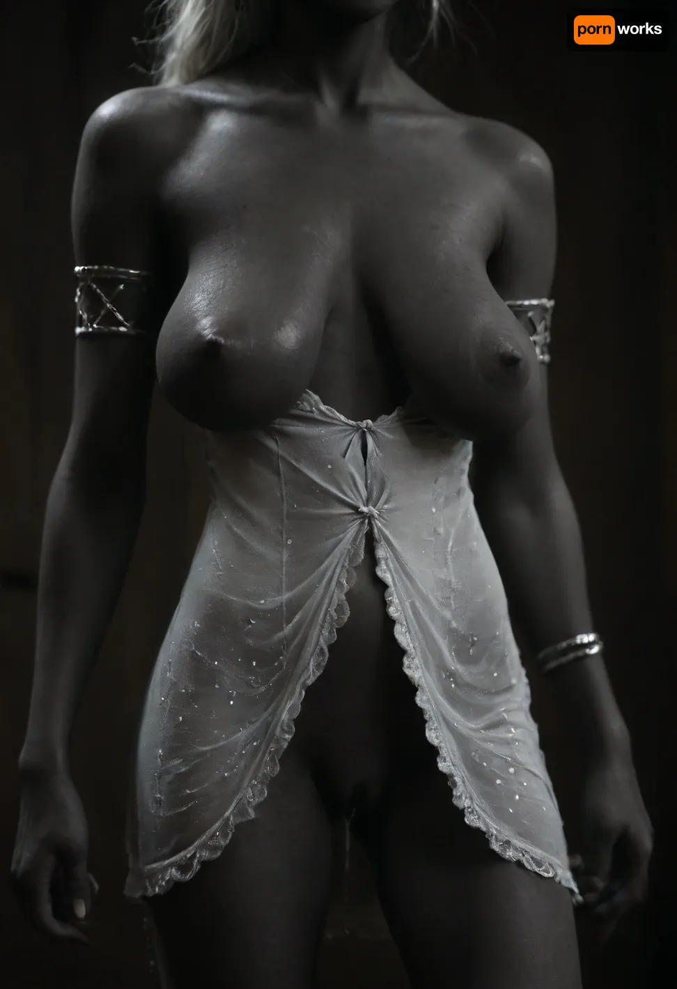 35 year old beautiful drow woman, (flat boy chest), (saggy breast:1.85), (tiny saggy tits:.9), flaccid tits, watching her hairy pussy, (tight velvet dress:1.421), nightgown, (((hairy pussy))), ., ((in a fantasy setting, in a, (silk bed:.818))), ((is a female drow smalltits milf.

She has, ((long, decorated, white hair:1.42)), , , and, (red eyes), , , jewelry:1.9), (ancient jewelry:1.8), (bronze age jewelry:1.5), (jewelry with gems:2), (pointy ears:1.36), .

She has rough, (black-grey skin:3.5), .

She is 190cm tall and has a, athletic, (toned arms:2), (muscular build:1), (transparent oil:1.3), (tits covered in vegetable oil:1.1), (oiled titties), (oiled tits), (oiled breasts), (dripping:1.4), (small breasts:1), (puffy nipples:1.4), (small saggy tits:1.58), (wet tits), (oiled puffy nipples:1.3), .

She has an, indulgent smile), (pointy ears:1.3), orgasm, slight smile, <lora:681678_training_data:1>, <lora:victoriansxl_v1:.5>, <lora:220437_training_data:.8>, <lora:realboobzXL:1.5>, <lora:dark:.8>