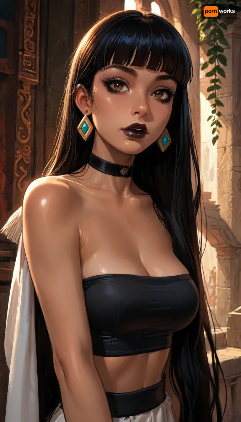 (reiq style:1), chel from eldorado, (dark skin:2), goth makeup, black lipstick, ((very long black hair, fringe)), body and face piercing, choker, black tube top, black pantyhose, big tits, detailxl, Melkor Mancin artstyle, score_9, score_8_up, score_7_up, <lora:ratatatat74-000050:1.7>, <lora:LCMTurboMix_Euler_A_fix:1.1>, <lora:detailed_notrigger:1.7>, <lora:add-detail-xl:1.6>, incase, style, <lora:287175_training_data:.8>