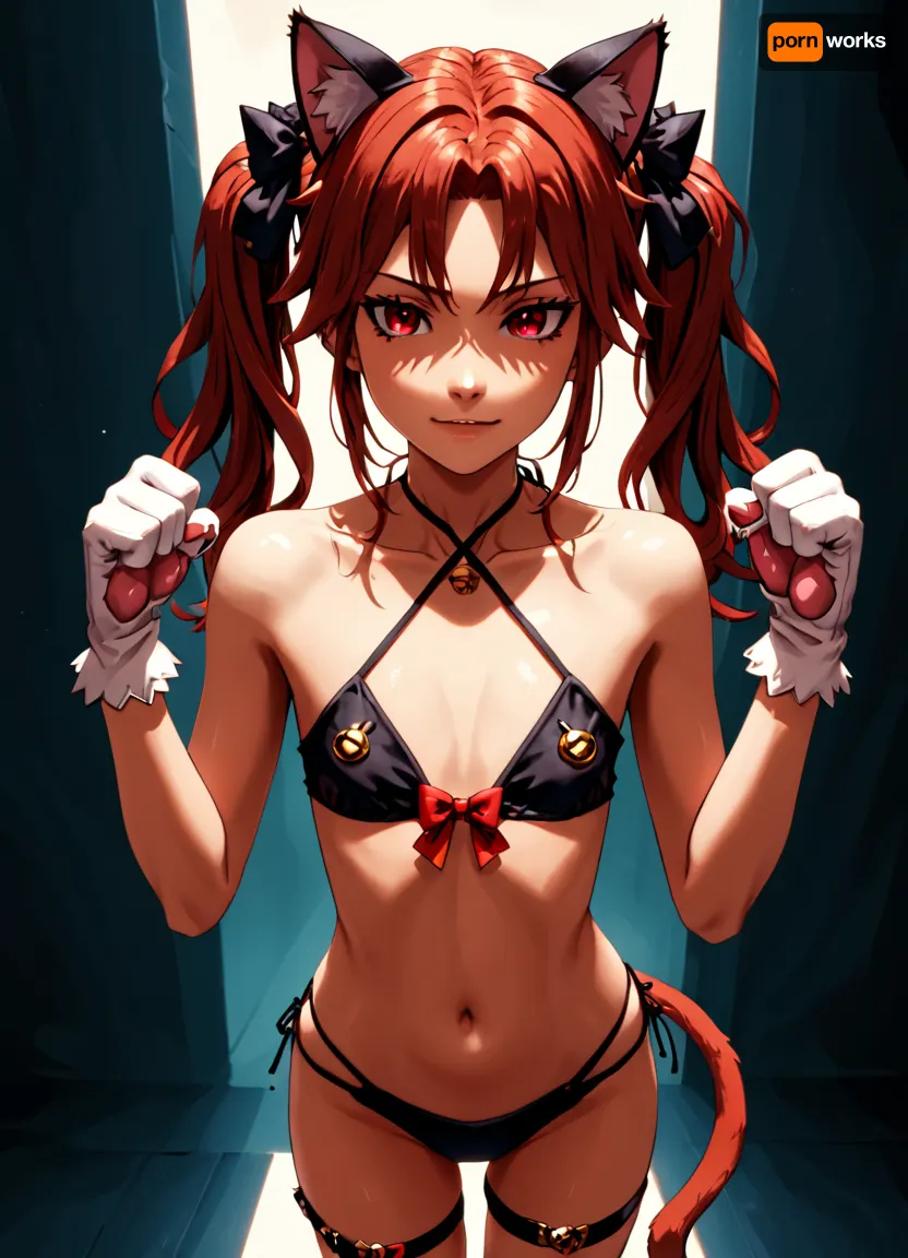 masterpiece, (masterpiece:1.2), (flatchest:2), toaru_kagaku_no_railgun toaru_majutsu_no_index, (((shirai_kuroko))), 1girl animal_ears animal_hands bell bikini black_bikini bow breasts brown_eyes brown_hair cat_ears cat_tail criss-cross_halter fake_animal_ears fake_tail fang frilled_thigh_strap gloves hair_bow halterneck long_hair navel neck_bell paw_gloves paw_pose red_bow simple_background skin_fang small_breasts solo swimsuit tail thigh_strap twintails, Animated Nightmare Style, (<lora:AnimatedNightmaresStyle:1.4>), 3d, style, render, (<lora:3d_render_style_xl:1.4>)