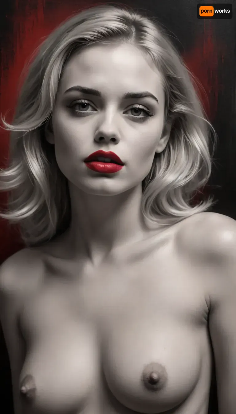 black and white, charcoal painting, beautiful blonde woman in black and white, 24y.o, nude, full body view, only her lips are red. The drawing is on a vintage textured background, a black and white charcoal painting, womans lips are red