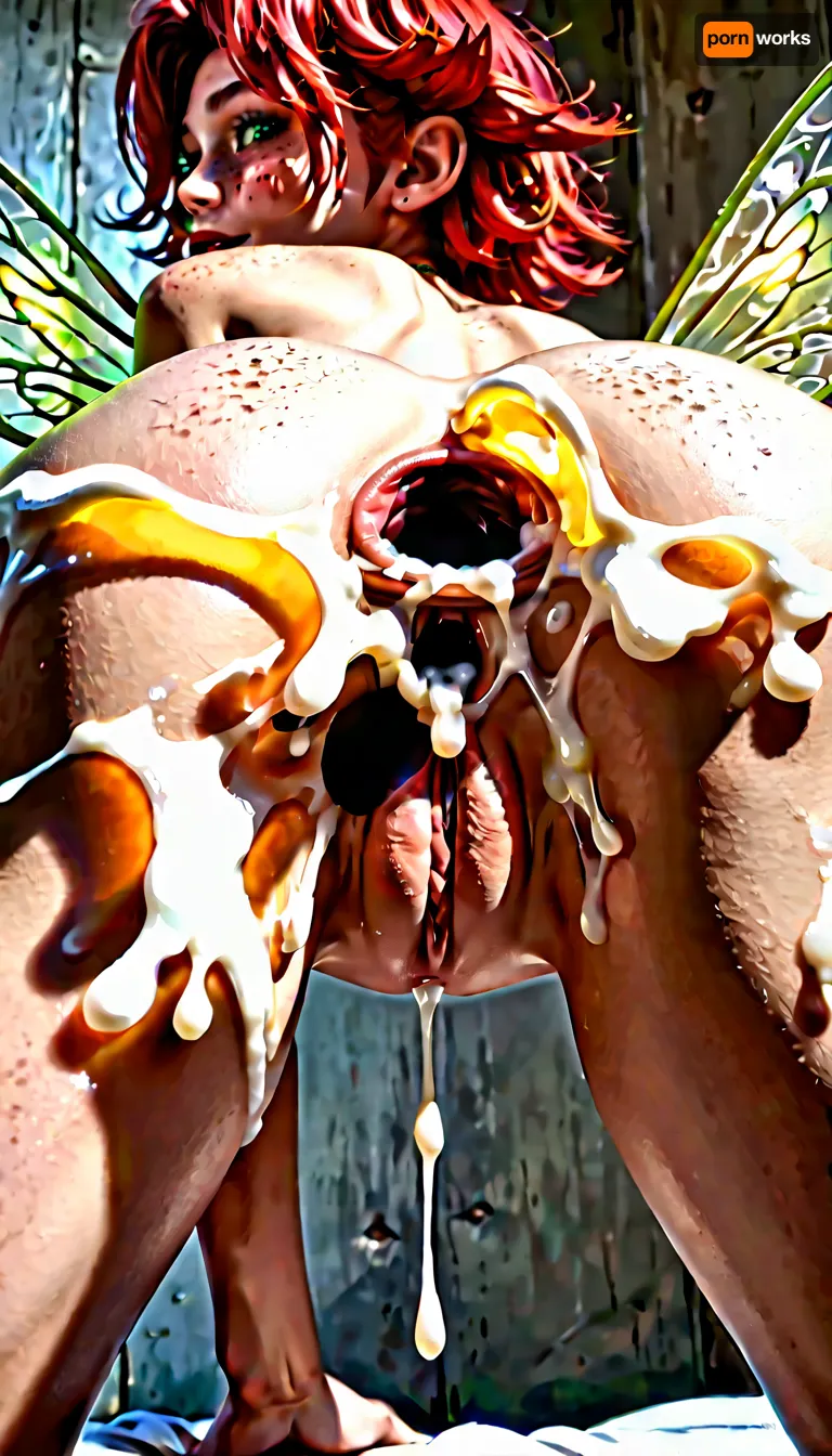 Tiny fairy. Red hair freckles and green eyes with wings. Side facing spreading ass and pussy. Long labia hanging. Anal gape.cum drpping . Perky breast showing. Shaved pussy. uncensored.