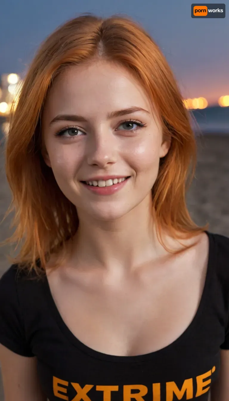 detailed face portrait, background beach at night time, young adult Russian girl, 18 yo, gorgeous breasts, orange hair, semi opened eyes, smiling, black T-shirt, ((print with words "EXTRIME")), protruding nipples, hands behind back, cum, string, ejaculation, on, face, taking, cumshot, <lora:cumshot_49:.5>