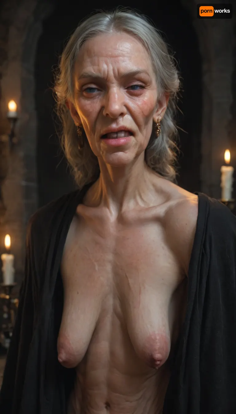 Elderly witch, ugly, in a dark castle lit by candlelight, the witch is very old and frail. She is skinny, (no fat), (bony), (scrawny), ., [She shows signs of aging, (loose skin), , , (saggy skin), , , (stretch marks), , , (wrinkled face), , , (wrinkled body), , , (sagging tits), , , (long tits), , , hyper long tits], tits have no firmness, (sad tits), (nipples point downward), She has long white hair, (scraggly hair), very messy hair, wirey hair. Her thighs have stretch marks that look like old faded scars. Very thin skin. Grey skin, (no color), skin has lots of blemishes. The witch has loose and wrinkled skin, skin has stretch marks. The witch is over 100 years old + elderly. Naked, (no clothes), She is having sex. Exposed body + no clothes. Having sex, Riding dick, huge dick, thick dick, leaned back exposing pussy. Old pussy, long pussy, sad pussy. Waist view, Full body shot, (pov, cowgirl), missionary position. Photo realistic, ultra realistic, hyper realistic.