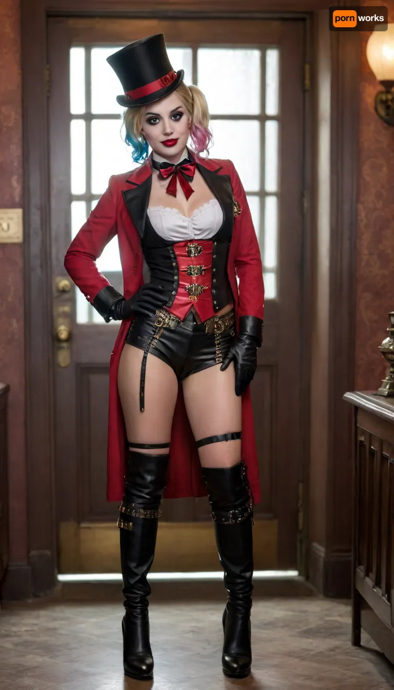 steampunk style harley quinn, top hat, boots, standing in doorway, <lora:750873_training_data:.8>, <lora:steampunk_xl_v2:.8>, ohwx, woman, <lora:margot_lora_sdxl_v1-000006:.8>